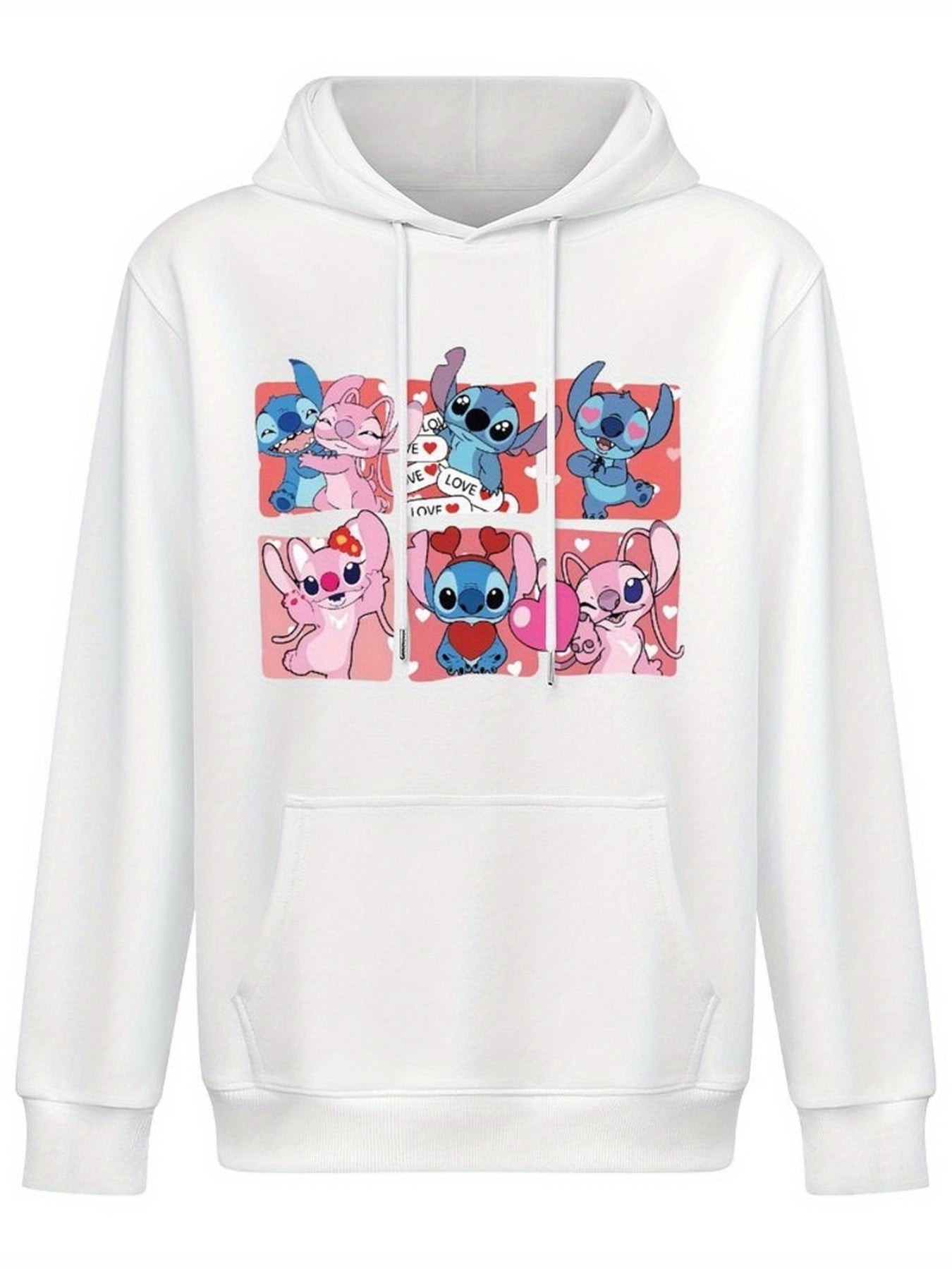 Disney Men's Black Retro Pullover Hoodie with Stitch & Angel Valentine's Digital Print, Soft Regular Fit Casual Sweatshirt, Machine Washable, Front Pocket, Disney Friends Graphic Design, Disney Hoodie, Durable Comfort Wear