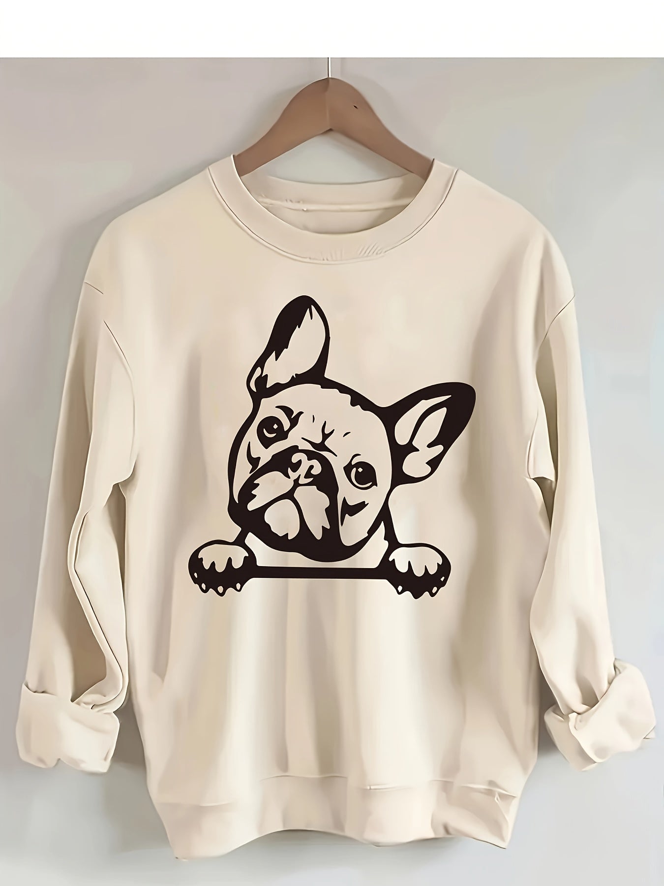 Women's French Bulldog Graphic Crew Neck Sweatshirt - Cozy Casual Long Sleeve Pullover with Relaxed Fit, Machine Washable, All-Season Comfort & Cute Animal Print Design, Everyday Apparel | Round Neckline Top, Dog Sweatshirt