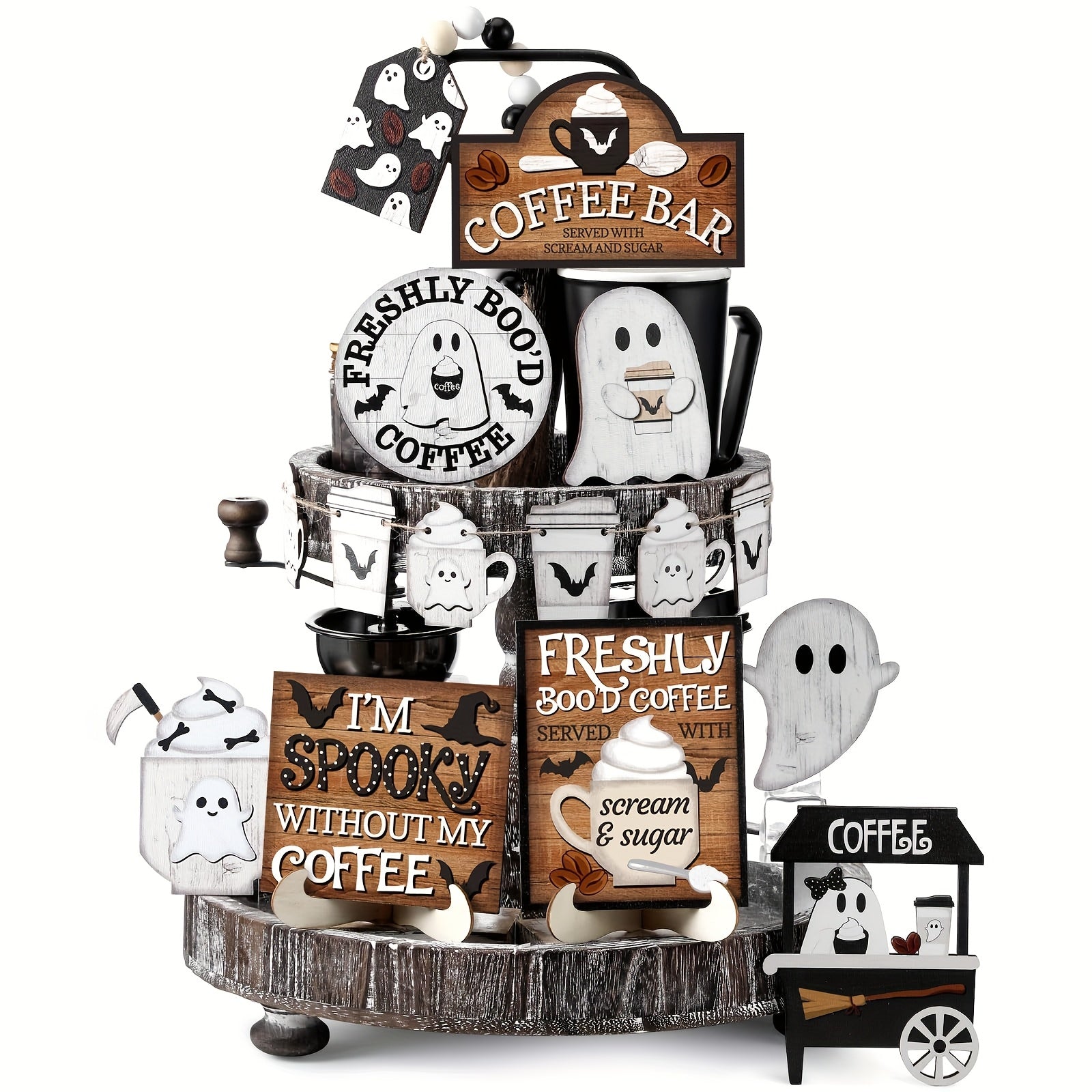 Halloween Tiered Tray Decor Coffee Ghost Decorations Wooden Signs And Bead Garland Farmhouse Rustic For Home Table Party Supplies, Black, White