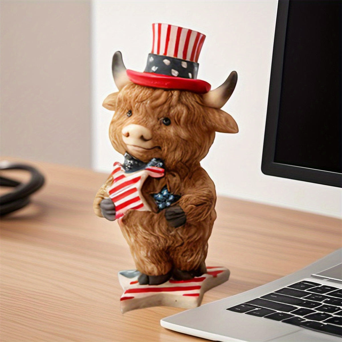 Mother'S Day Independence Day Birthday Gift New Casual, Elegant And Fashionable Patriotic Highland Cow Statue Cute Resin Animal Statue Independence Day Indoor And Outdoor Garden Decoration