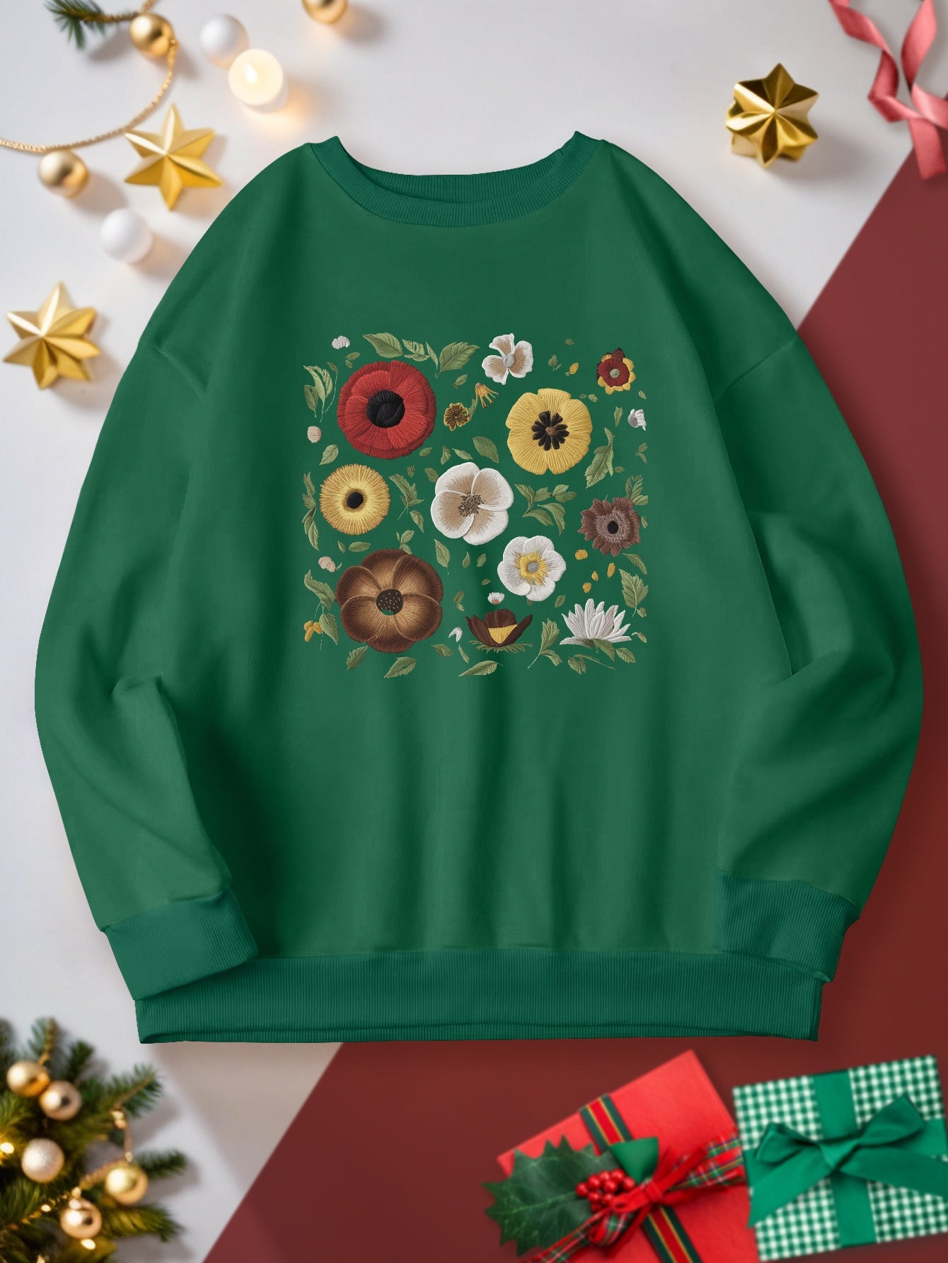 Women's Plus Size Floral Embroidery Sweatshirt - Casual Crew Neck, Long Sleeve Pullover for Fall/Winter, Machine Washable