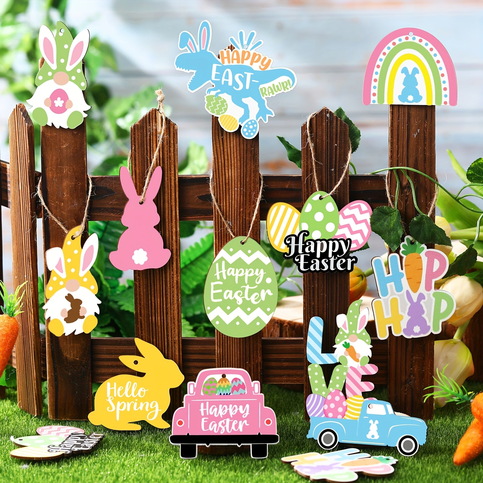 [Wooden Easter Ornaments] 24pcs Wooden Easter Ornaments - Happy Easter Egg Gnome Bunny Chick Cutouts Spring Decorations - 12 Styles (Truck)
