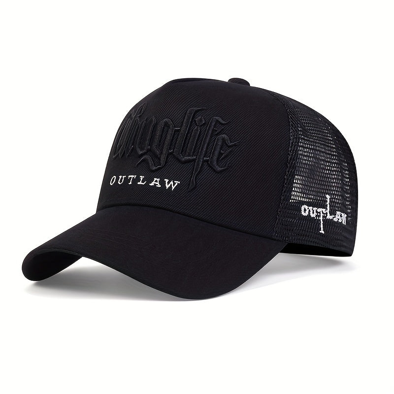 Cool Hippie Gothic Curved Brim Baseball Cap, 3D Embroidery Breathable Mesh Trucker Hat, Snapback Hat For Casual Leisure Outdoor Sports