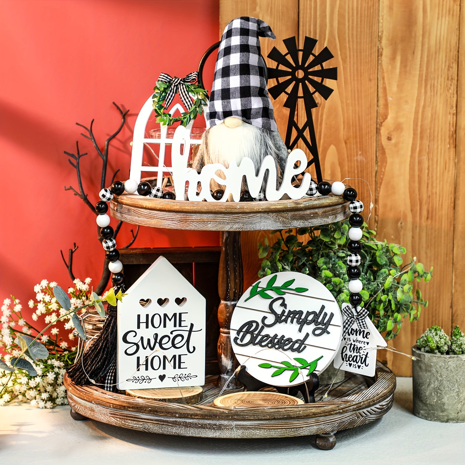 [Rustic Farmhouse Decor] 10 Pcs Black White Buffalo Plaid Farmhouse Decor | Gnome Wooden Mini Sign Rustic Table Ornaments With String Lights For Kitchen Table Decor, Housewarming Gift (Gnome Style)