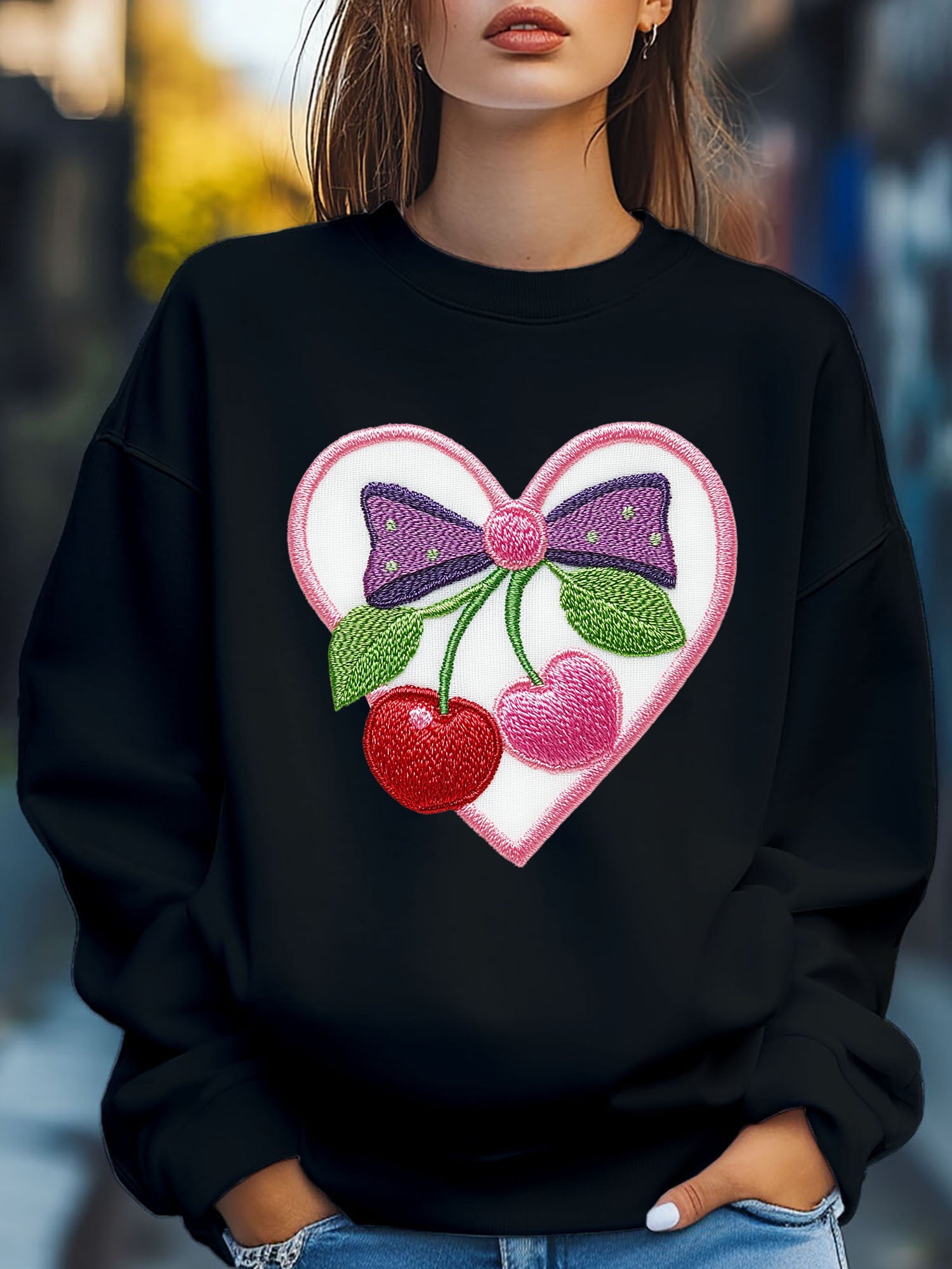 Women'S Cherry Love Heart Bow Embroider Print Sweatshirt Pullover Fall Loose Fashion Long Sleeve Crew Neck Sweatshirt Casual Comfy Clothes