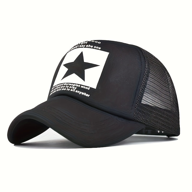 OKOIUM Breathable Mesh Trucker Cap with Star Patch - Adjustable Baseball Hat in Black, Yellow, Red, Blue, and White - Lightweight Sun Protection for Outdoor Sports, Golf, Fishing, and Casual Wear