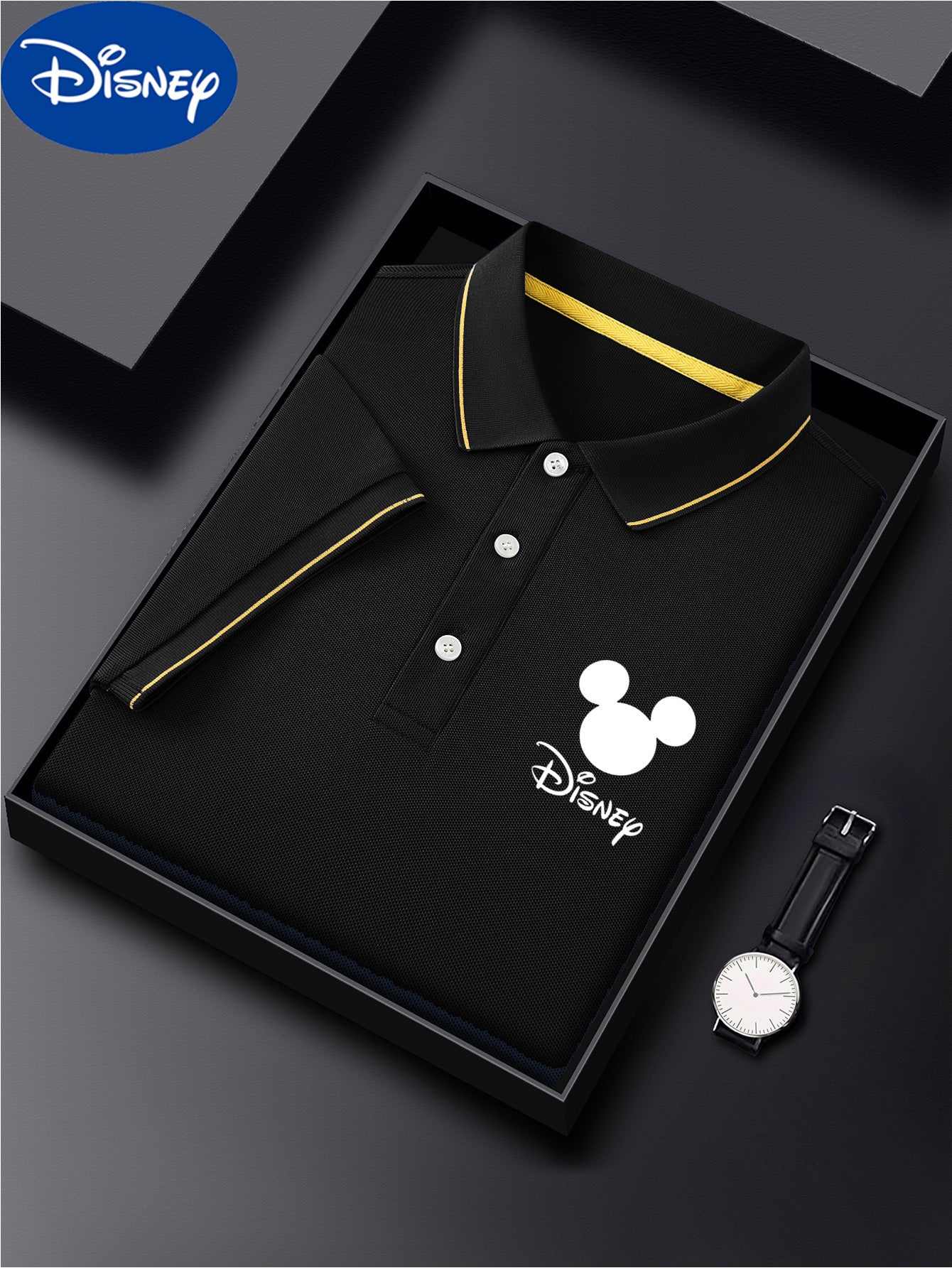 [Disney Genuine Authorized] Men's Classic Shirt One Disney Classic Shirt Cartoon Printing Advanced Business Casual, Short Sleeve Collar, Lightweight Polyester, Quick Drying and Breathable Golf Shirt, Packed in a Display Gift
