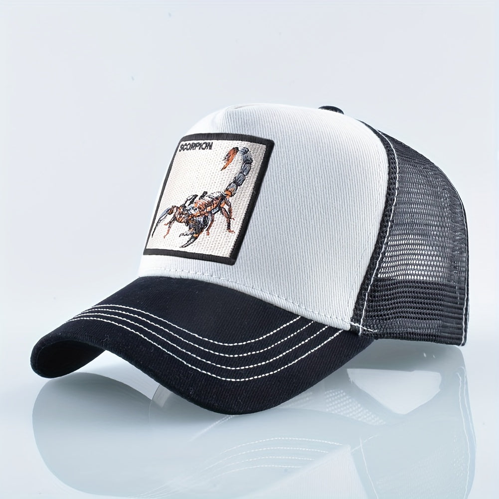 Unisex Embroidered Scorpion Baseball Cap - Breathable Mesh Trucker Hat for Outdoor Sports & Hip-Hop Style, Summer Casual Wear, Black & Beige Design with Bold 