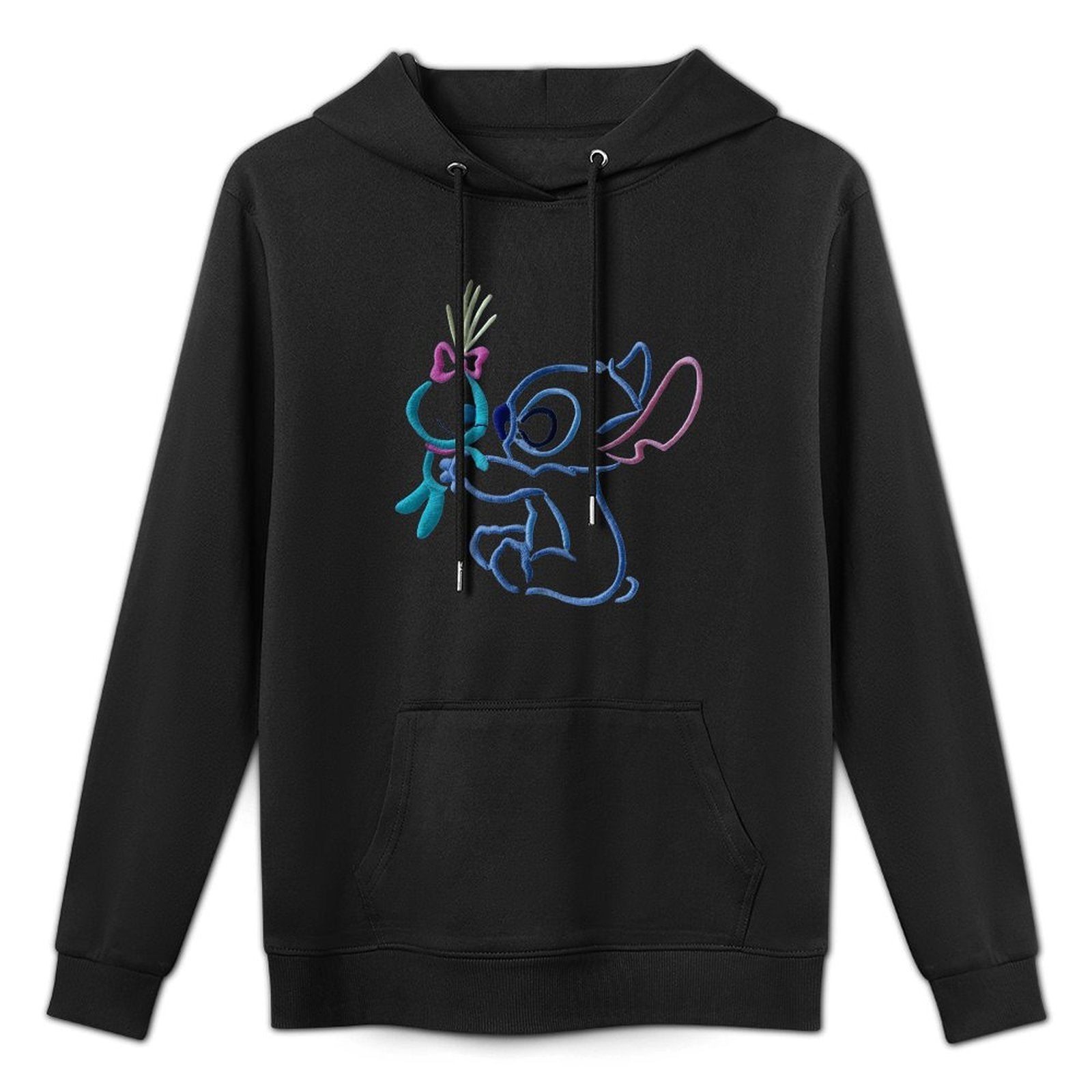 Disney Men's Black Retro Pullover Hoodie with Stitch & Angel Embroidery Art & Disney Friends Digital Print, Soft Regular Fit Casual Sweatshirt, Machine Washable, Front Pockets, Disney Hoodie, Durable Fabric
