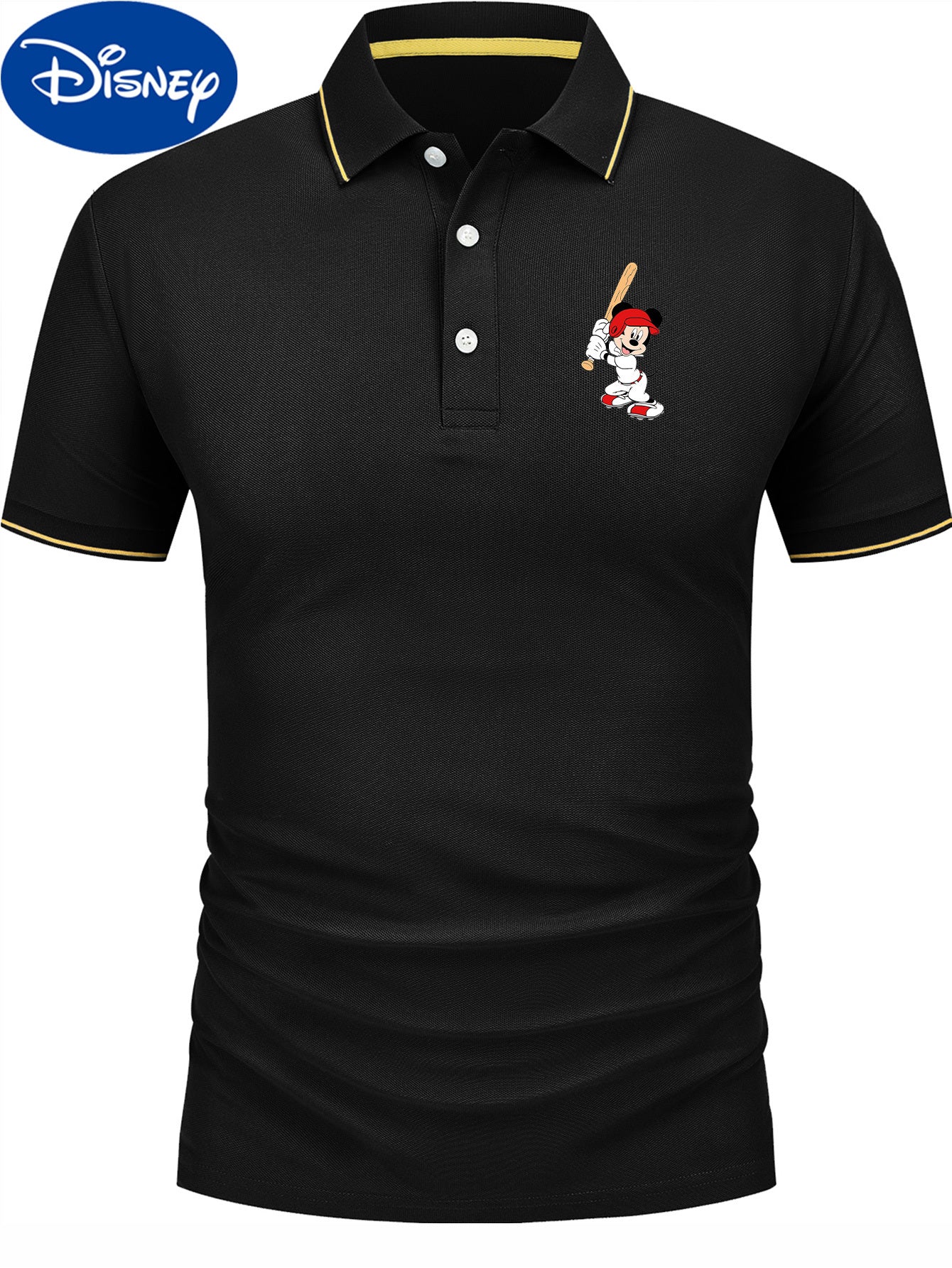 Disney Men'S Classic POLO Shirt, Mickey Batting Baseball Print, Premium Casual Business Casual, Short Sleeve Collar Polo Shirt, Lightweight Polyester, Quick Drying and Breathable Comes in a Display Gift Box Great for Husbands