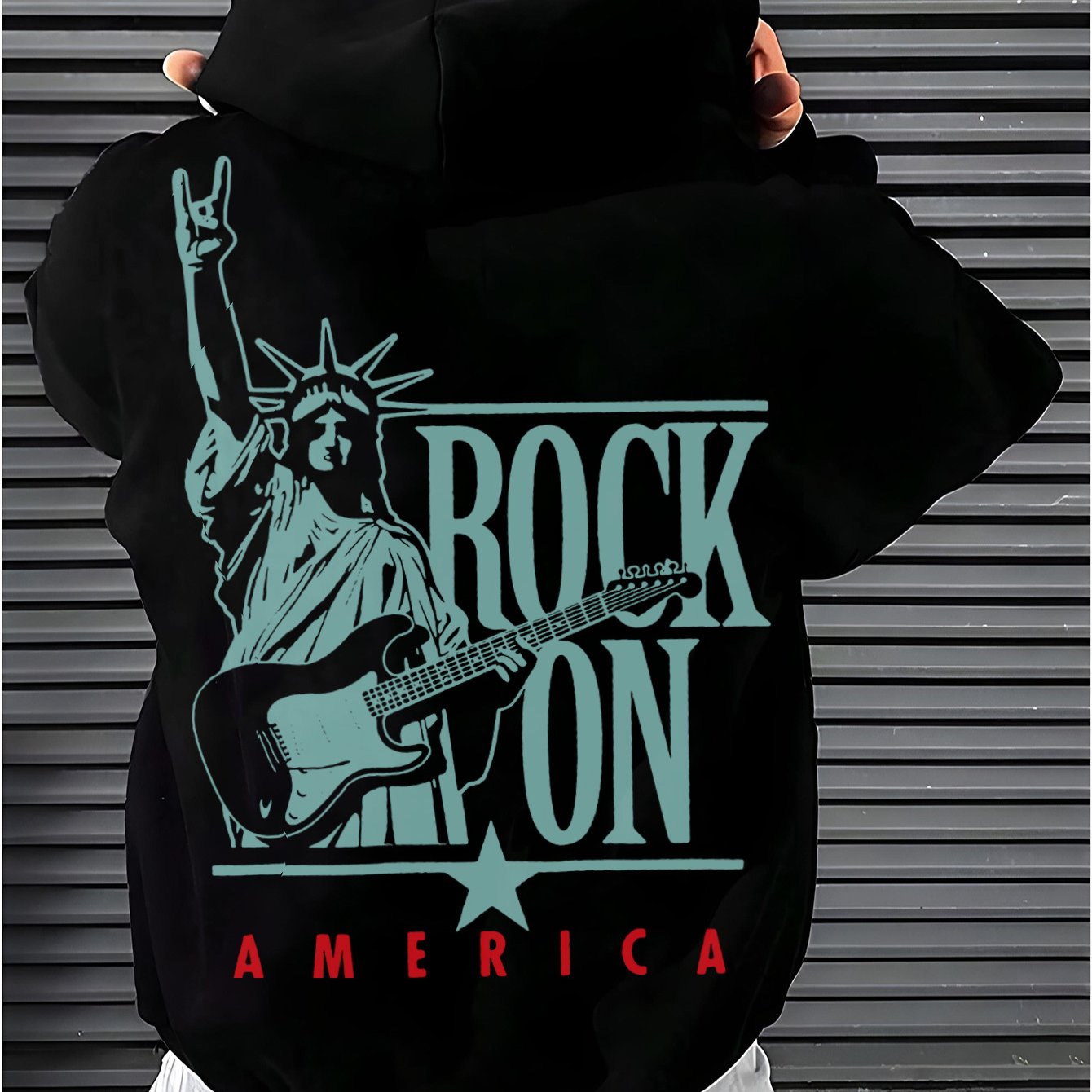 Men's Rock On America Hoodie with Statue of Liberty Graphic - Casual Black Polyester Sweatshirt, Long Sleeve, Machine Washable, Ideal for Fall and Winter Outdoor Activities