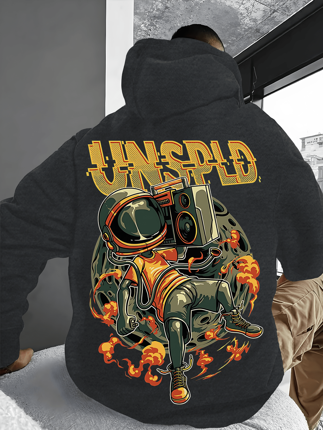 Men's Casual Graphic Hoodie with Cartoon Fire Helmet & Speaker Design - Soft Cotton Blend, Flame Accents, Kangaroo Pocket, Machine Washable - Stylish Fall/Winter Streetwear, Essential Hoodie