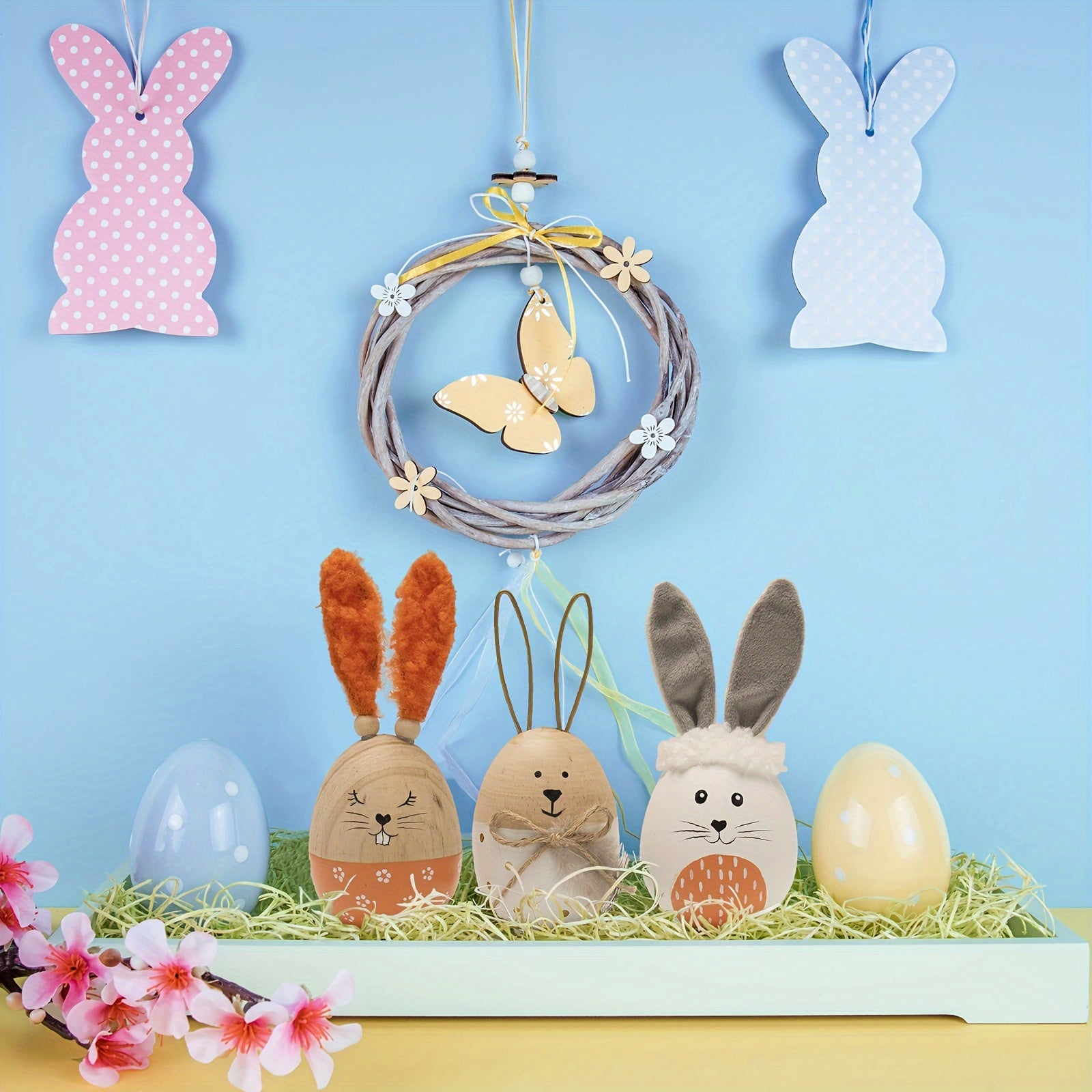 [Wooden Easter Decor] Wooden Decorative Easter Egg Decor, Easter Bunny Eggs Figurine, Indoor Spring Table Centerpieces Shelf Fireplace Mantel Desk Tiered Tray Decorations For Home
