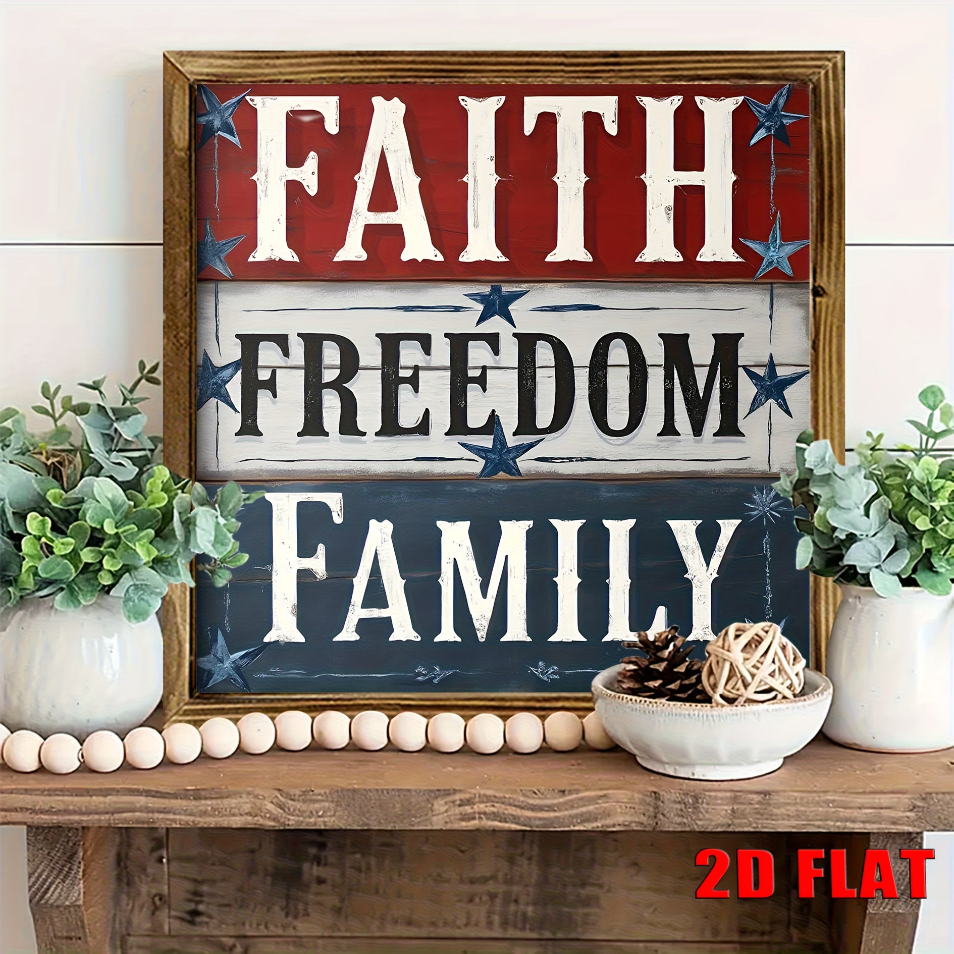 [2D FLAT]8x8 Inch Rustic Wood Wall Art Sign - Farmhouse Style Faith Freedom Family Decor with Distressed White Background & Red/Blue Stars, No Electricity Needed, Easy Wall-Mounted for Kitchen Bathroom Living Room Entryway, H