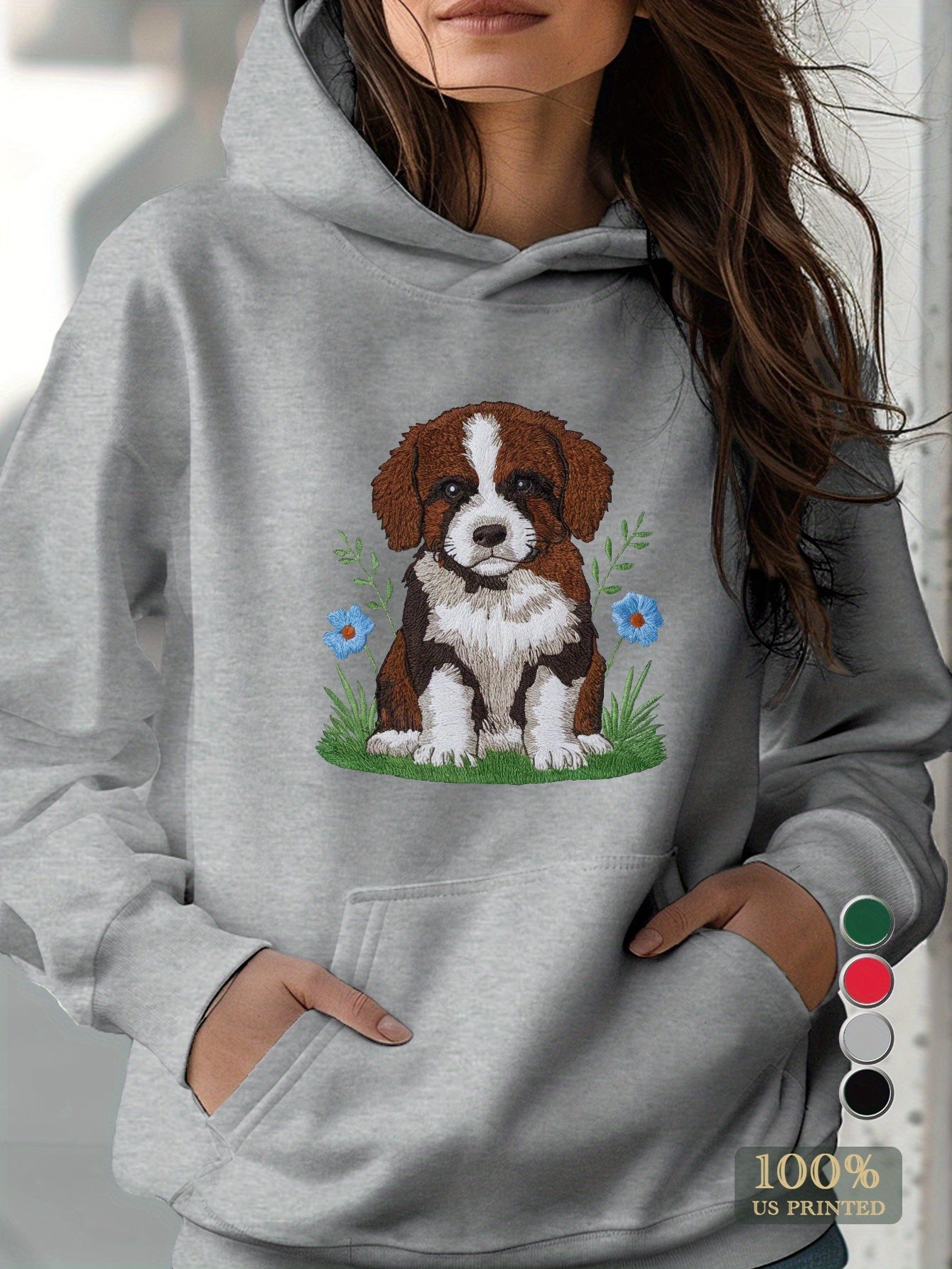 Women's Cozy Embroidered Puppy Hoodie - Casual Long Sleeve Pullover with Kangaroo Pocket, Cotton Blend, Perfect for Fall & Winter