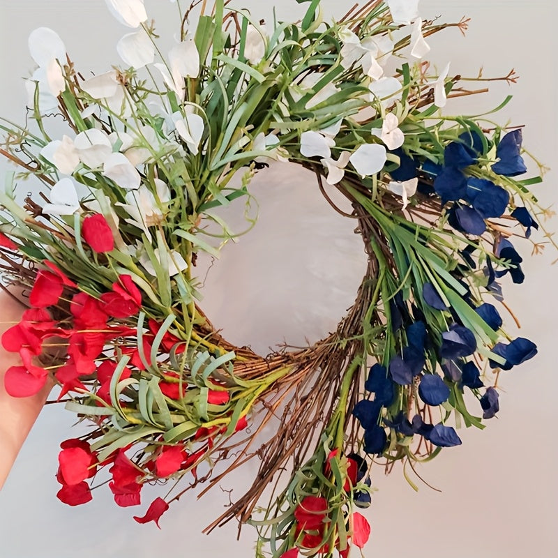 22-inch American Flag Wreath, Patriotic Decor Wreath, Red White And Blue Artificial Floral Stems Wreath. Perfect for 4th Of July Independence Day, Memorial Day, And Flag Day Decorations. This Handcrafted Memorial Day Home Dec