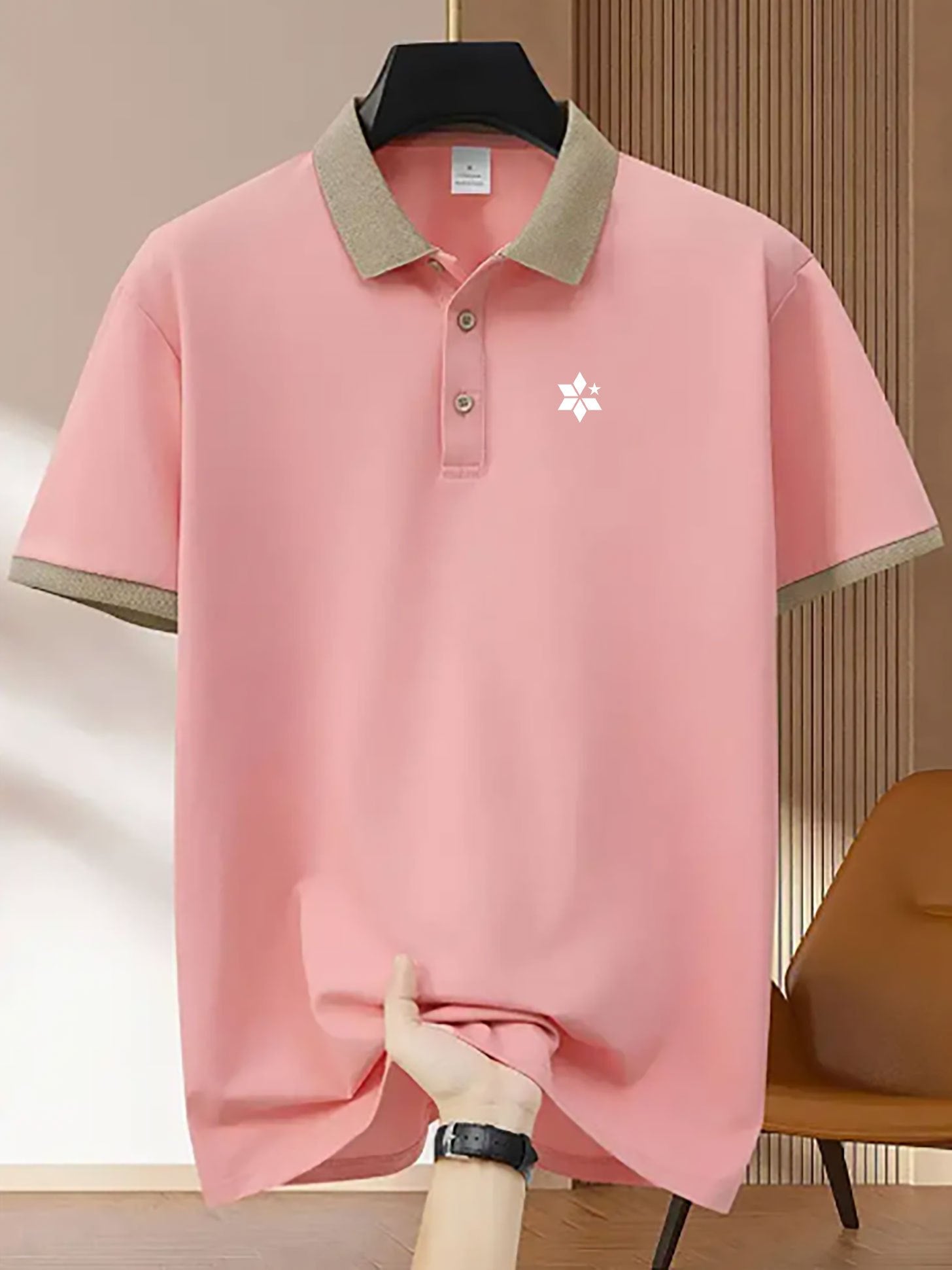 Men's Breathable Stretch Shirt - Summer Short Sleeve Button- Collar with Geometric Print, Black & Beige Contrast Trim, Regular Fit for Golf, Tennis, Business Casual & Outdoor Activities, Golf Shirt, Active Lifestyle, Modern D