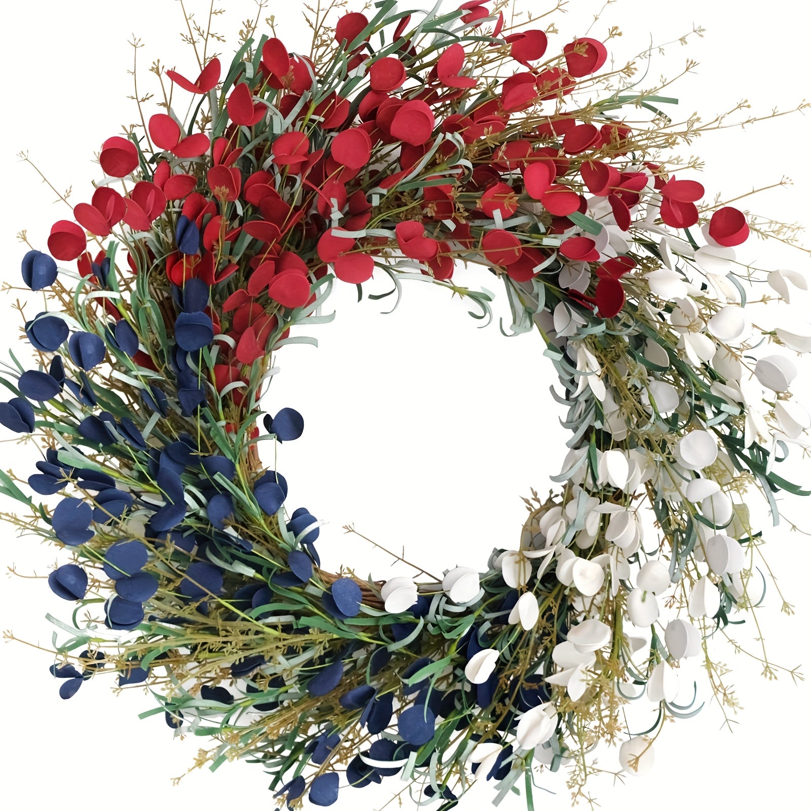 22-inch American Flag Wreath, Patriotic Decor Wreath, Red White And Blue Artificial Floral Stems Wreath. Perfect for 4th Of July Independence Day, Memorial Day, And Flag Day Decorations. This Handcrafted Memorial Day Home Dec