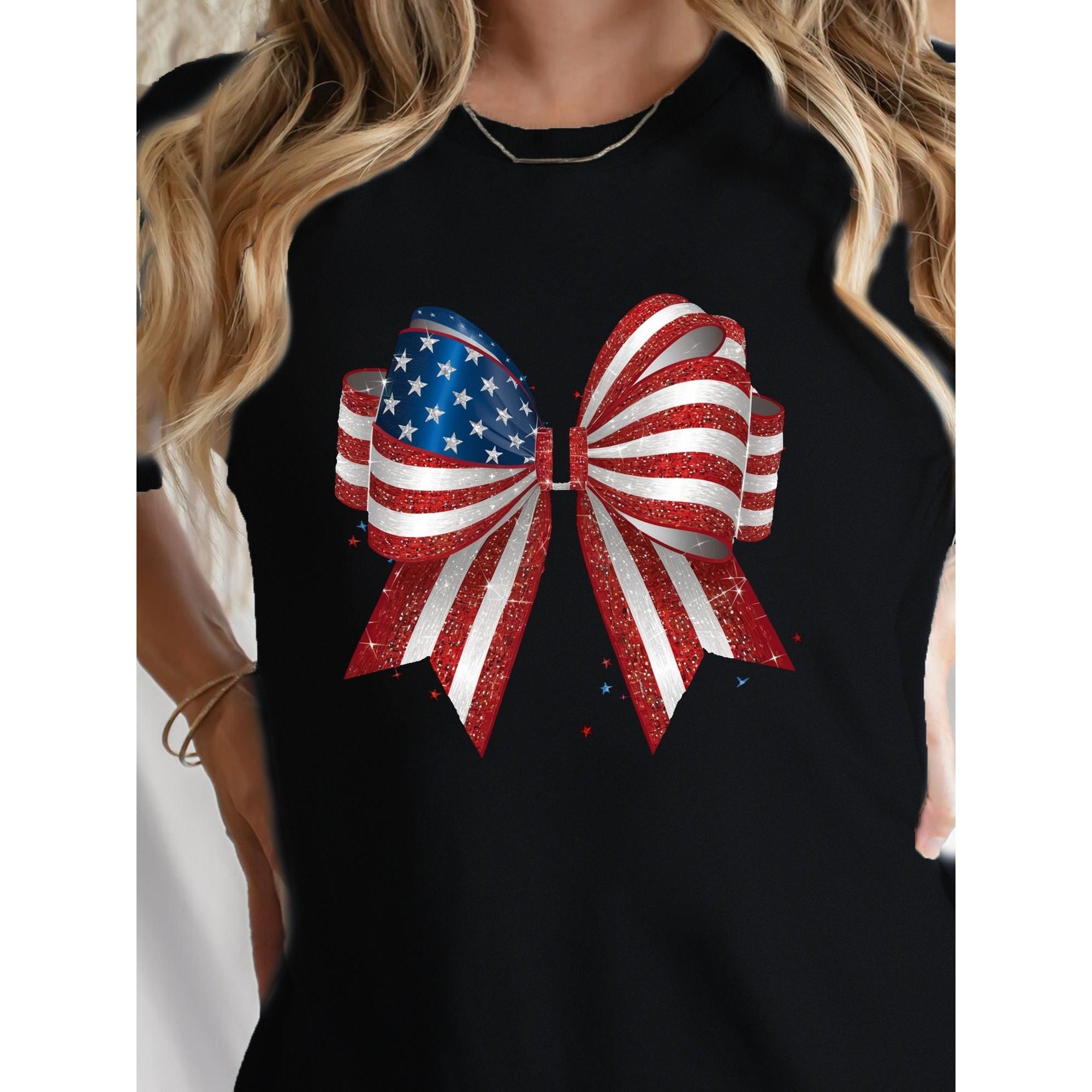 Patriotic American Bow Print Women's-Shirt - Soft Crew Neck Tee, Short Sleeve, Glittery Red Design with Stars & Stripes, Independence Day Festive Wear, Casual Wear, Patriotic Event Attire, Patriotic Design, Soft Shirt, Americ
