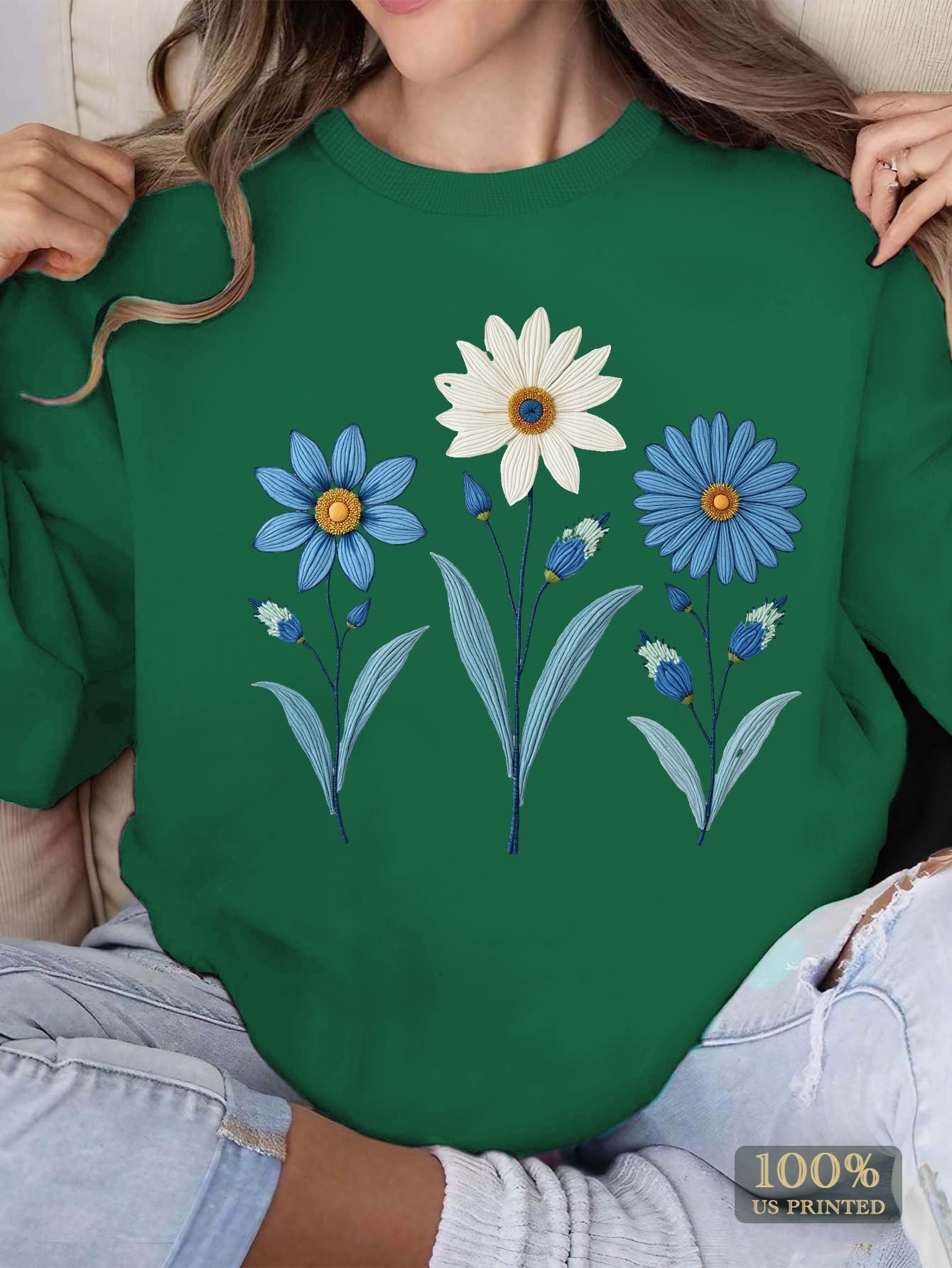 teediy Women's Casual Floral Embroidery Sweatshirt - Blue & White Flowers on Green, Long Sleeve Round Neck, Machine Washable, Autumn Winter Comfort, Winter Clothing, Relaxed Fit, Comfortable Fabric