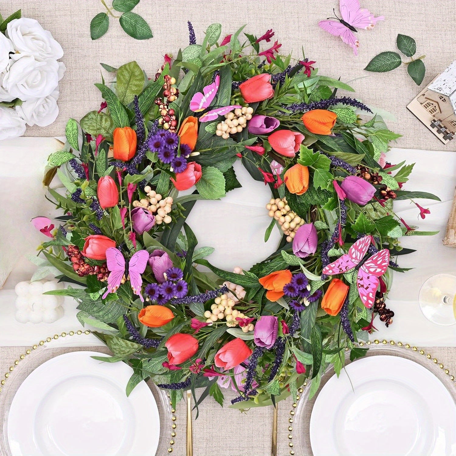 22 - Inch Summer Winner Victory Wreath, Wear It On Winner Head, Wreaths for Front Door, Tulip Wreath with Butterflies Decorations, Purple Tassels, Eucalyptus Leaves, for Home Indoor Outdoor Decoration for Wedding, Father's Da