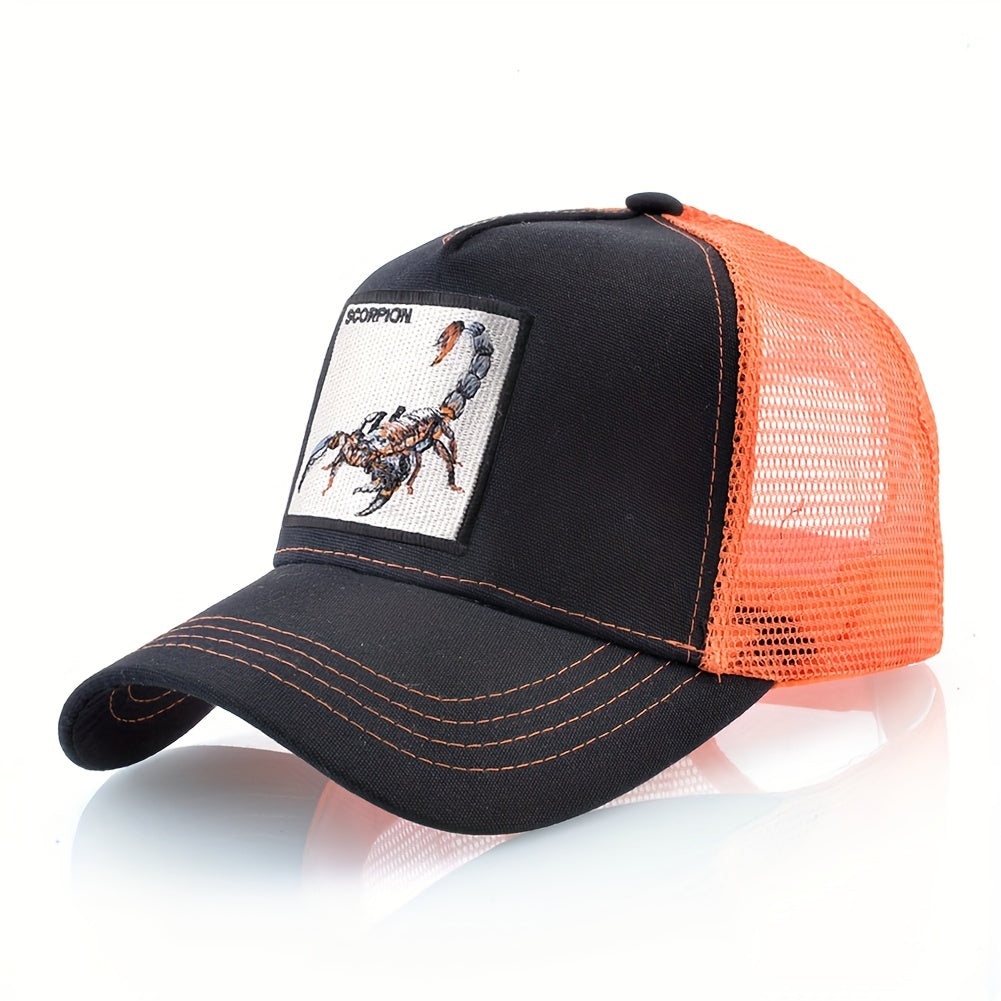 Unisex Embroidered Scorpion Baseball Cap - Breathable Mesh Trucker Hat for Outdoor Sports & Hip-Hop Style, Summer Casual Wear, Black & Beige Design with Bold 