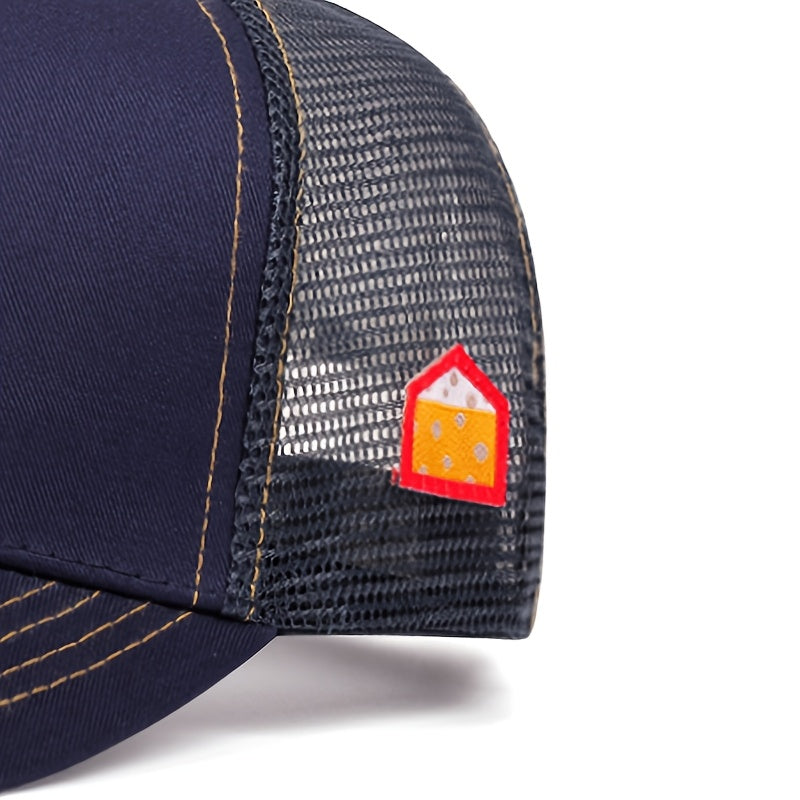 Navy Blue Cartoon Character Baseball Cap - Lightweight Polyester Mesh Trucker Hat with Sun Protection, Adjustable Snapback Closure for Casual Wear
