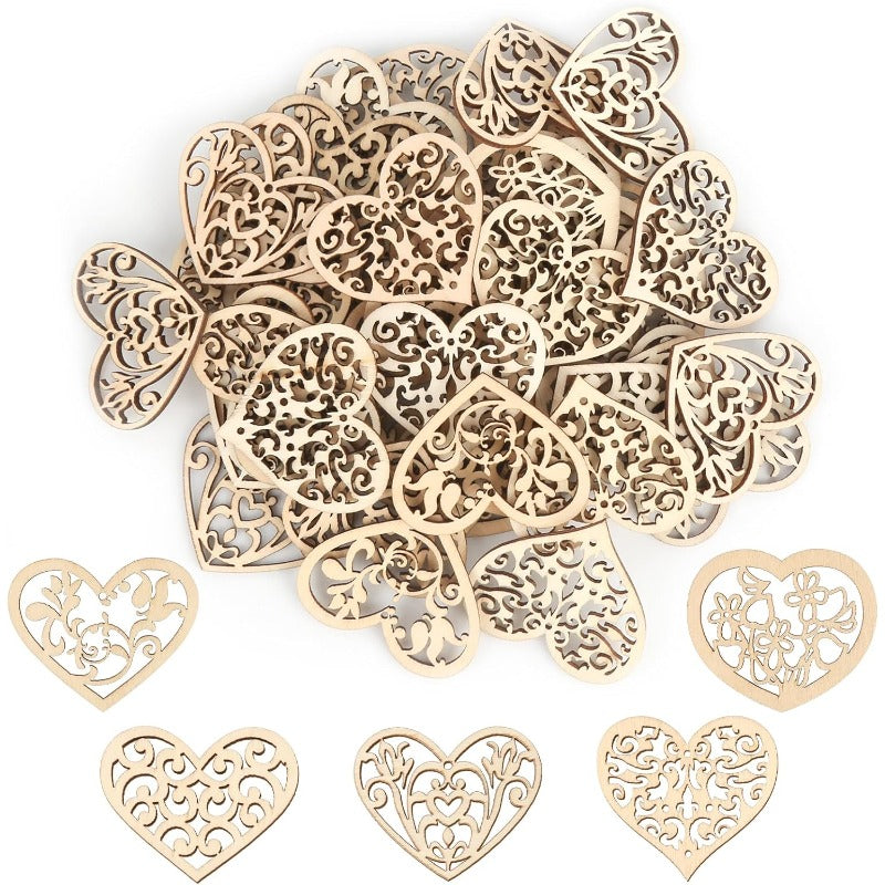 [Wooden Heart Pendants] 100 Wooden Heart-Shaped Hollow Carved Pendants | Suitable for Wedding Party Decoration, Card And Photo Frame Decoration