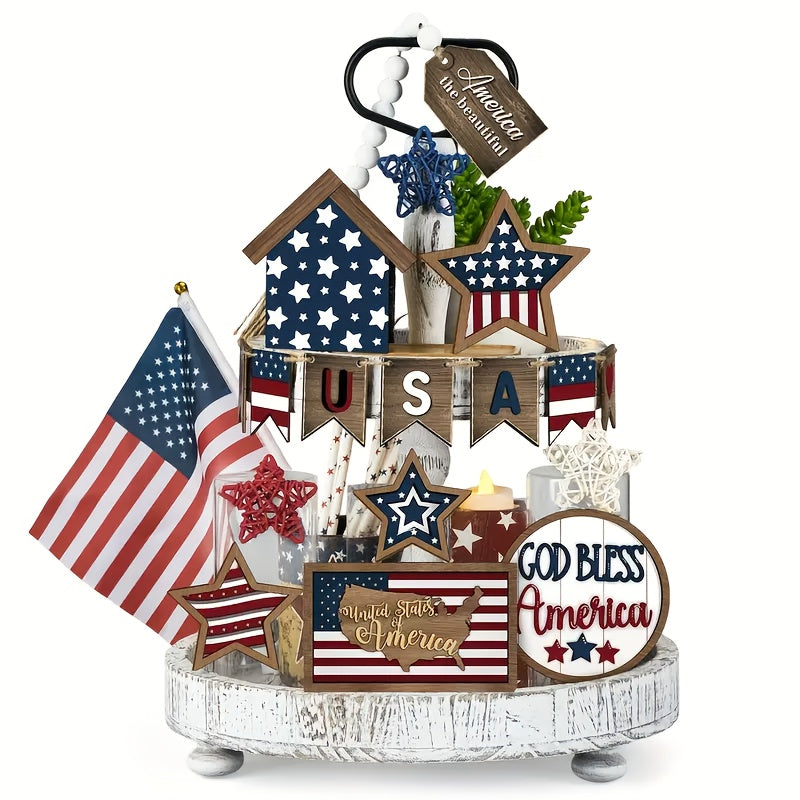 16pcs July 4 Tiered Tray Decor Set Rustic Patriotic Independence Day Decor Glow Vintage Farmhouse Memorial Day Tiered Tray Sign Wooden Red, White And Blue Tabletop Decor (Rustic)