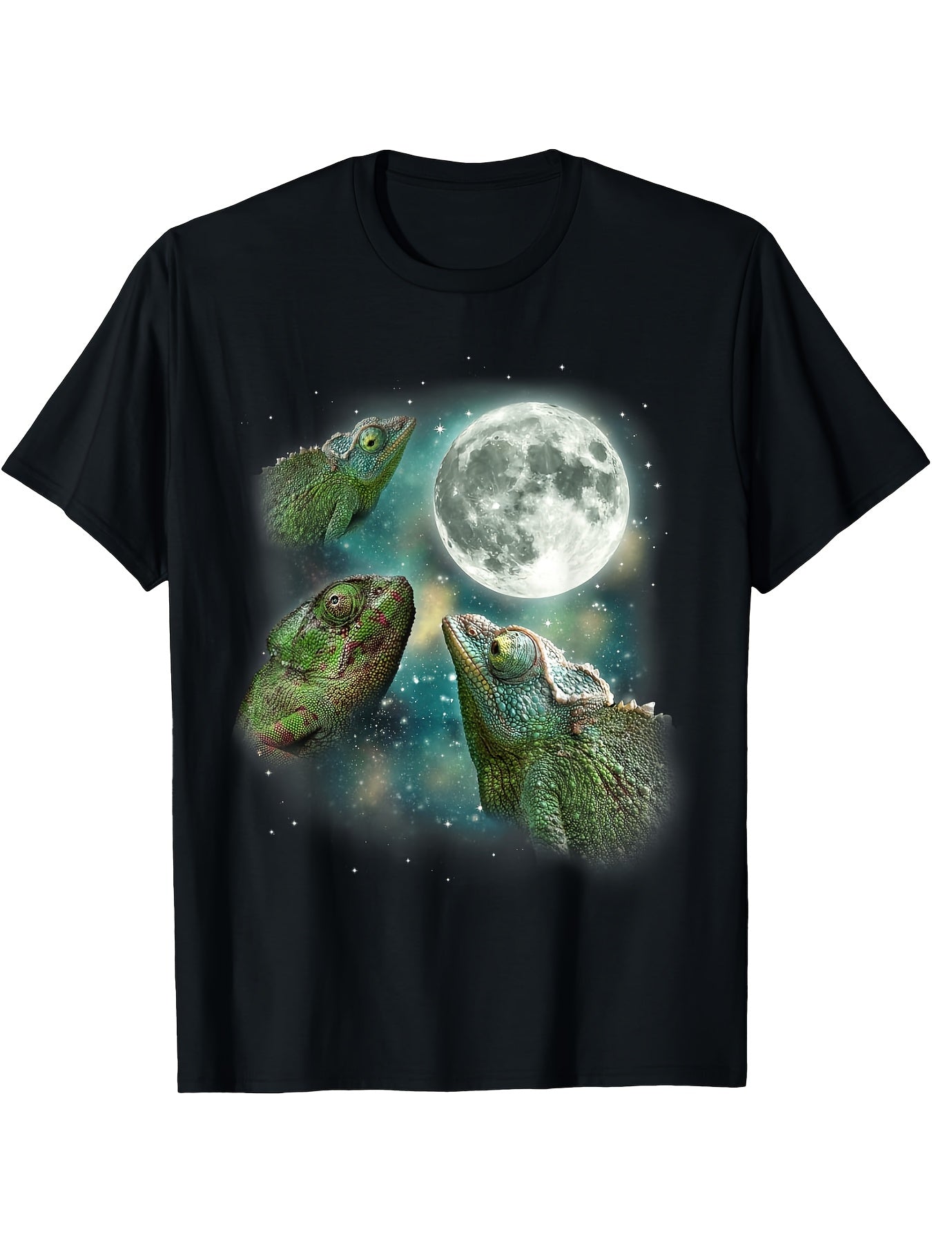 Three Chameleon Moon 3 Magic Forest Reptile Jungle Animal T-Shirt - Black Casual Short Sleeve Tee with Vibrant Cosmic Chameleon & Moon Graphic, Regular Fit Round Neck for Adults, Machine Washable, Allseason Apparel, Mystical