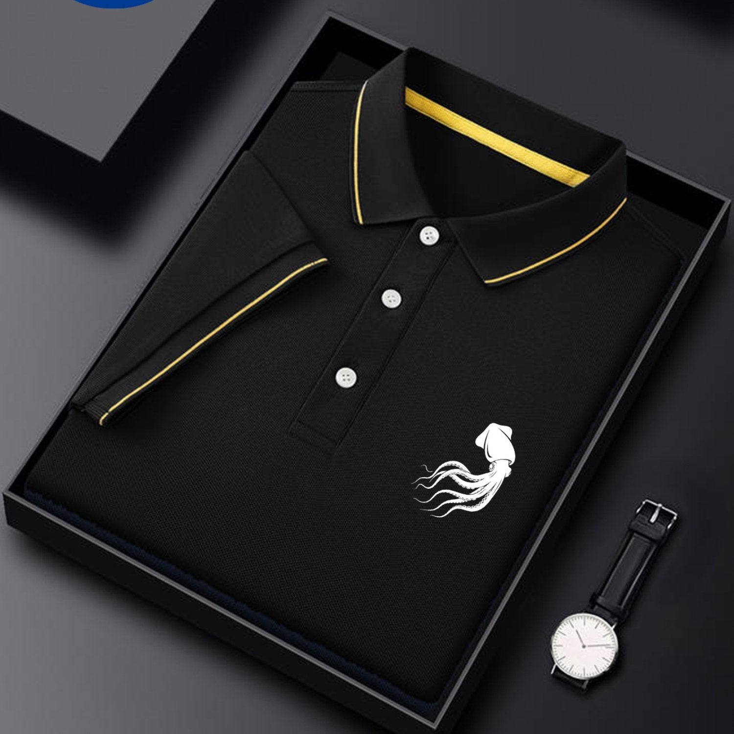 Octopus Logo Men'S Summer Short Sleeved Polo Shirt with Small Logo Pattern, High-End Feel, Light Business, Short Sleeved Top, Suitable for Sports, Golf, Tennis, Fishing, Leisure Vacation Wear