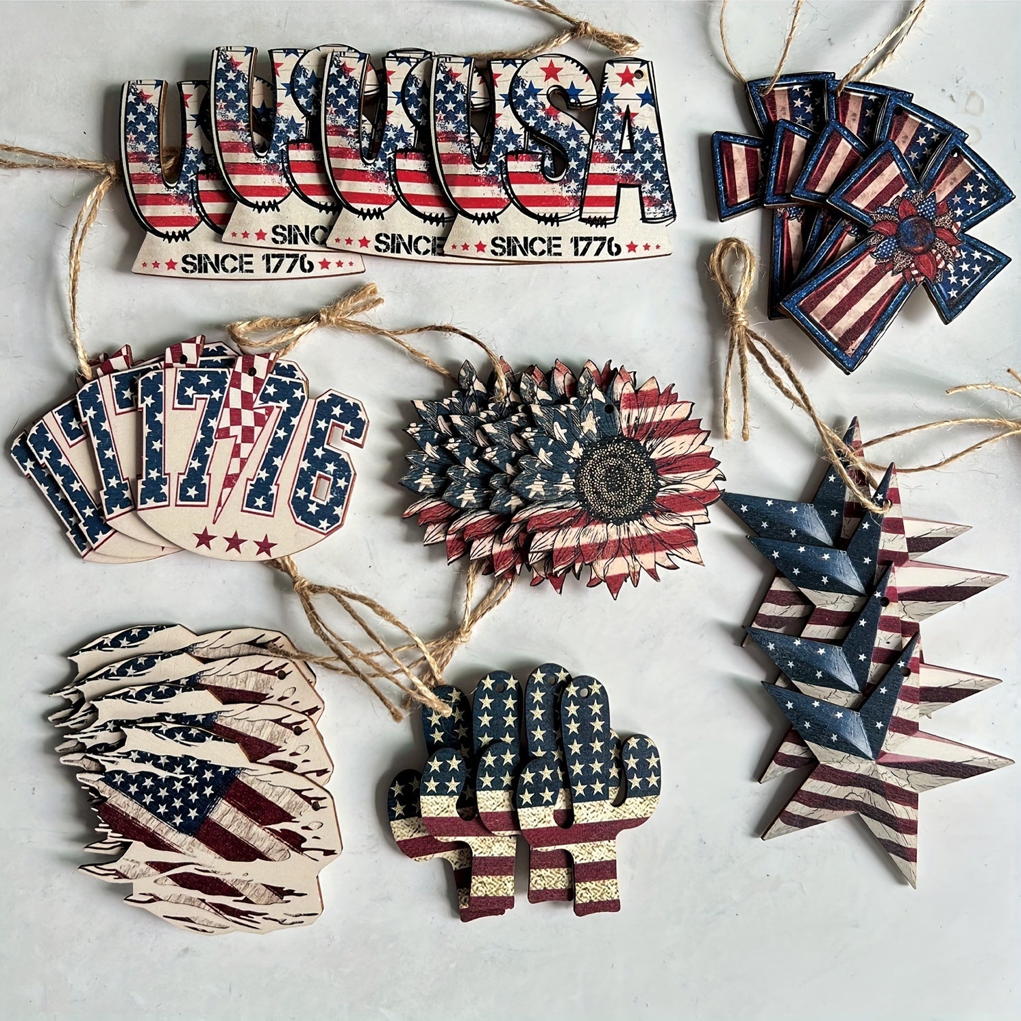 Vintage Wooden Patriotic Tree Ornaments: Celebrate Independence Day with Rustic American, Star, Cactus, Sunflower, and Cross Ornaments