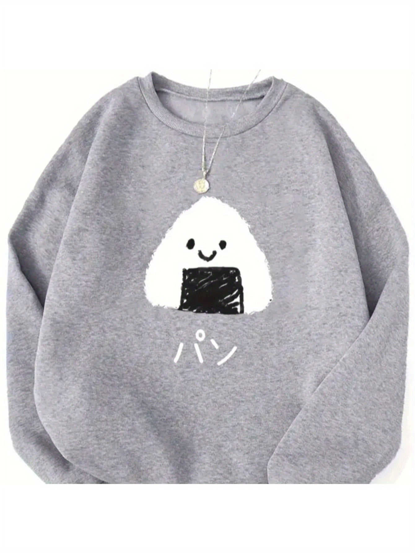 Women's Casual Crew Neck Sweater - Cozy Cartoon Rice Ball Print Long Sleeve Pullover, Medium-Stretch Knit Grey Sweatshirt for Autumn/Winter, Machine Washable, Winter Comfort Clothing | Playful Graphic Design | Mediumstretch