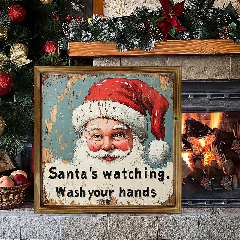 Woodcut Charming Rustic Santa Sign - Wall Art for Home & Bathroom Decor, Perfect Christmas Decor