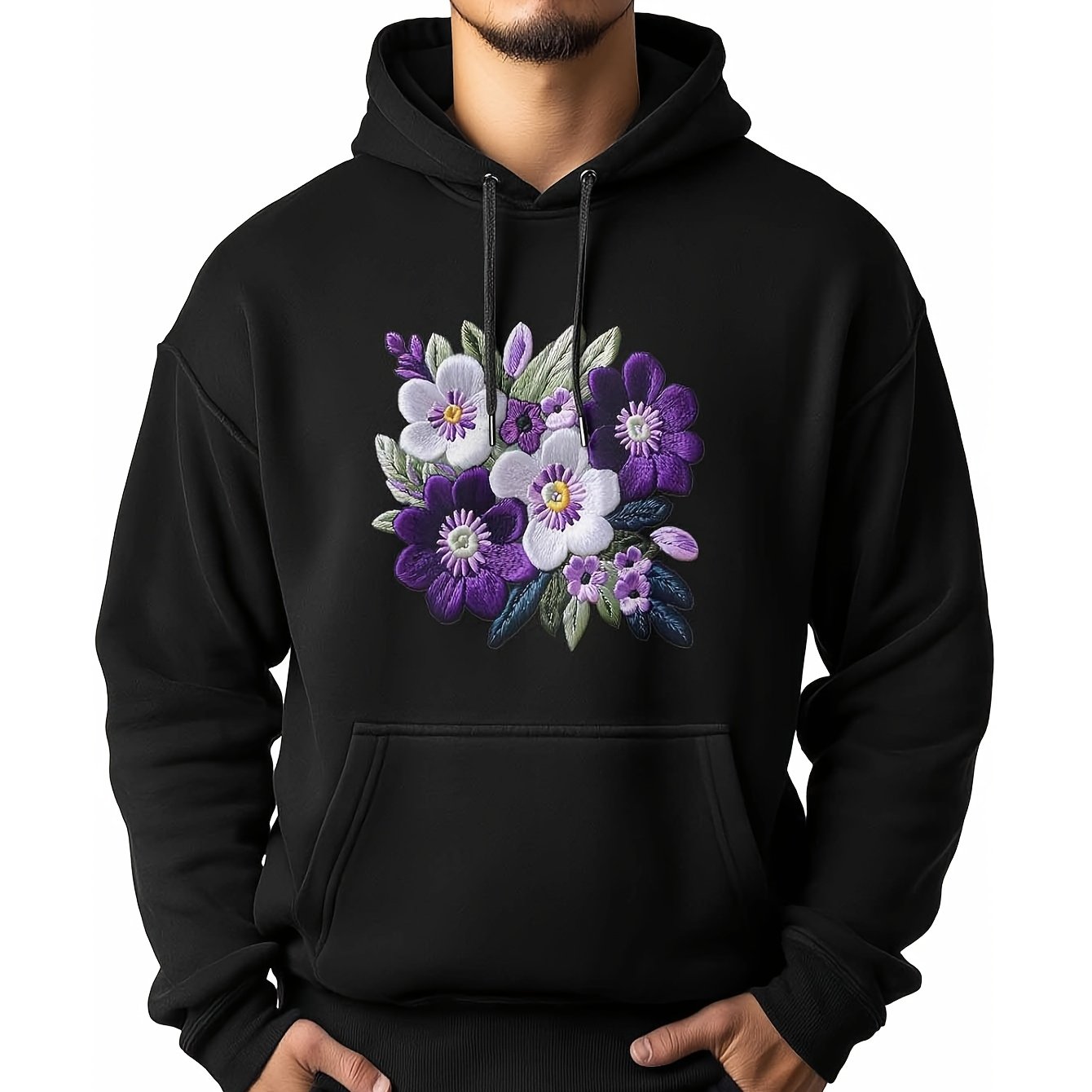 Hoodie for Men, Purple Flower Embroidery Mens Hoodies Pullover Sweatshirts Mens Tops with Pocket, Black