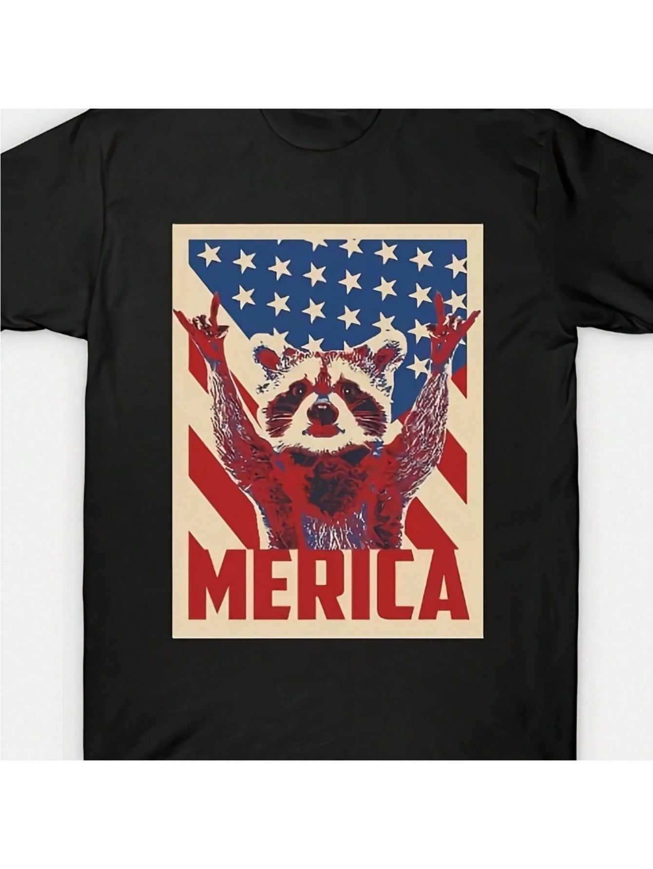 PLUS SIZE Everyday Comfort, Men's Patriotic Raccoon American Flag Cotton T-Shirt - Soft, Breathable, Comfortable Crew Neck Short Sleeve, Perfect for Casual Outings and Sports, 180g, PLUS SIZE