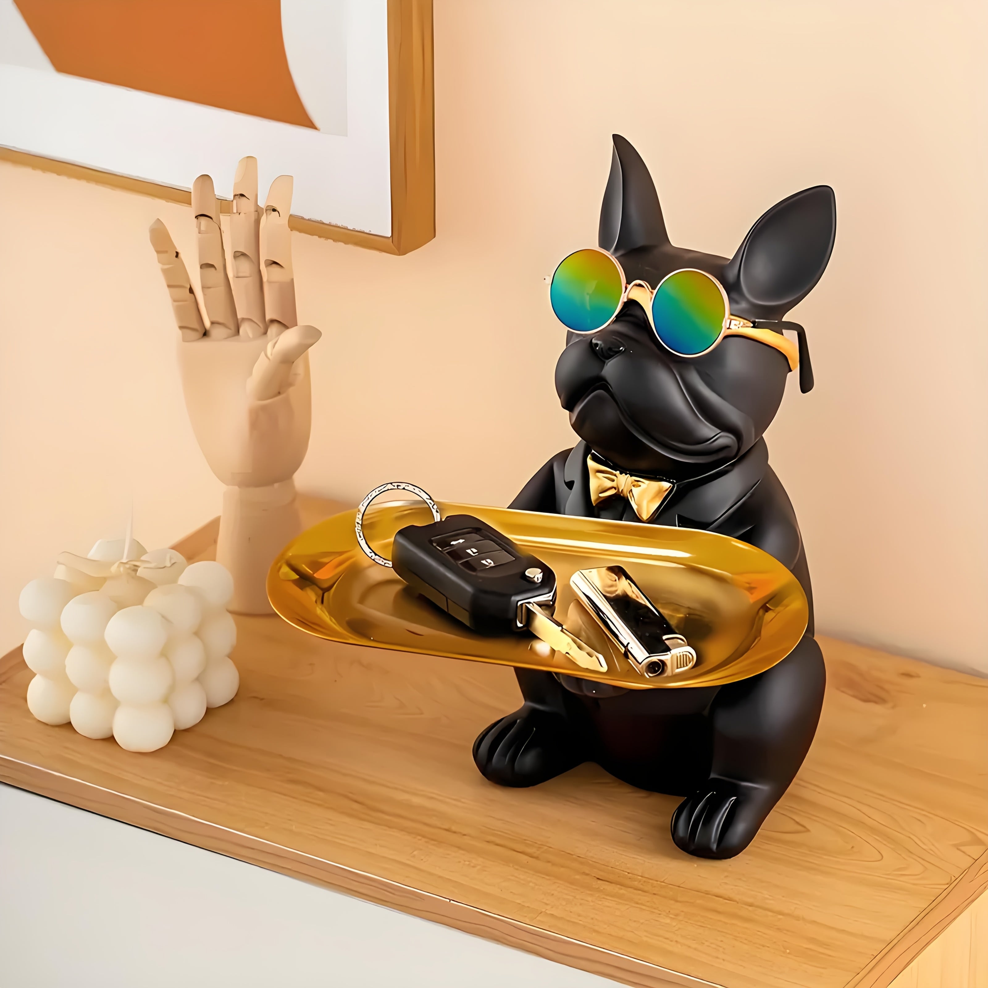 Bulldog Puppy Statue With Free Plates And Glasses, Multifunctional Desktop Storage Statue Tray For Living Room Bedroom Decoration, Interior, Indoor And Outdoor Decorative Sculpture For Tables, Cabinets - Suitable For Christma