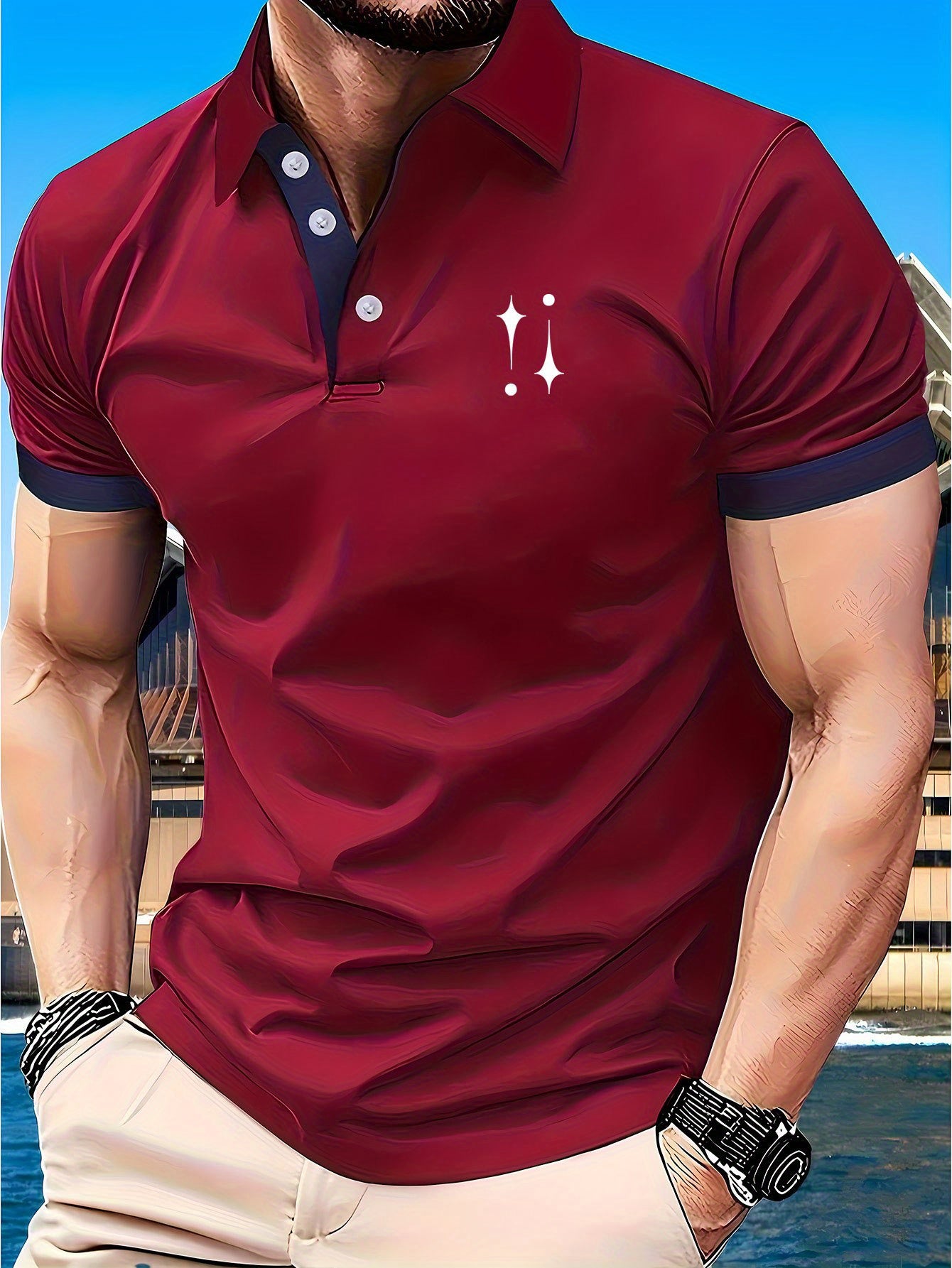 Men's 230g Lightweight Shirt - Summer Casual Short Sleeve Golf Top with Geometric Star Pattern, Contrast Red & White Trim, Breathable Regular Fit for Sports & Outdoor Activities, Golf Shirt, Active Lifestyle, Modern Design, D