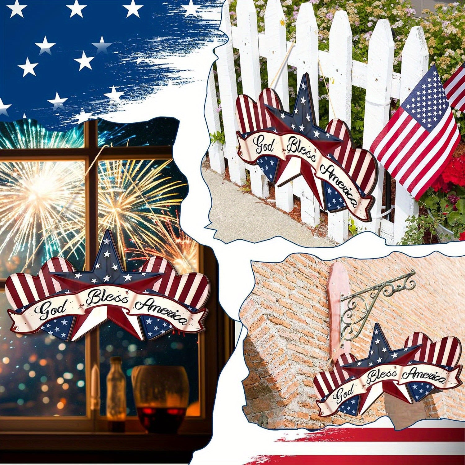 [Patriotic Wall Hangings] Patriotic 2D Flat Rustic Wooden 'God Bless America' Wall Hangings 11.81x6.49in | 4th of July Star and Heart Pendant with Rope, Farmhouse Style Holiday Decoration for Home Porch or Garden, Memorial Da