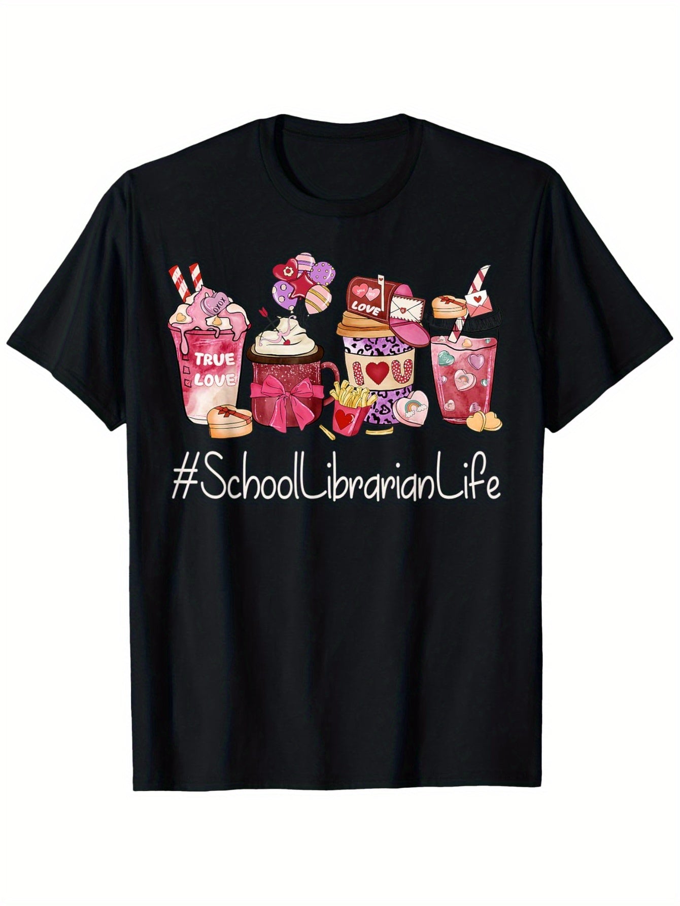 Funny School Librarian Life Graphic T-Shirt - 100% Cotton 180gsm Crew Neck Tee with Playful Coffee, Hearts & Books Print - Valentine's Day Gift for Men, Women, Librarians (Sizes 1XL-5XL, Black), Librarian Gifts, Casual Wear,