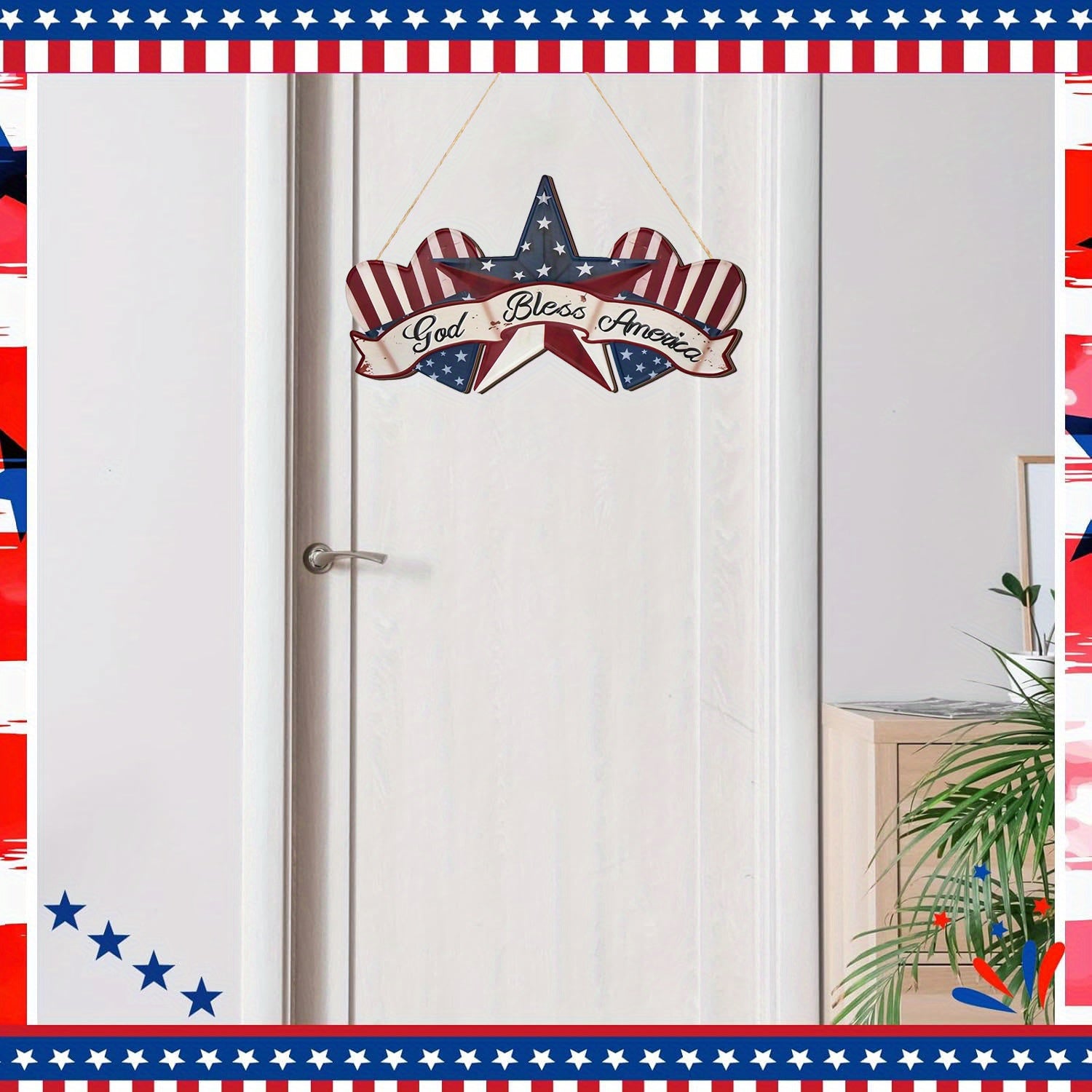 [Patriotic Wall Hangings] Patriotic 2D Flat Rustic Wooden 'God Bless America' Wall Hangings 11.81x6.49in | 4th of July Star and Heart Pendant with Rope, Farmhouse Style Holiday Decoration for Home Porch or Garden, Memorial Da