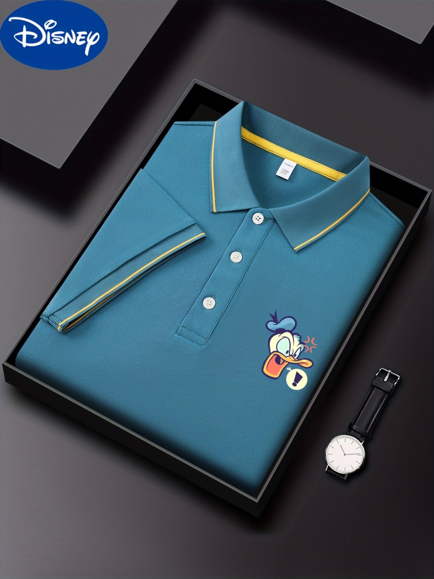 Disney Donald Duck Printed Men'S Summer Classic POLO Shirt, Advanced Business Casual, Contrasting Collar Design, Light, Breathable And Quick-Drying Polyester [Official License]