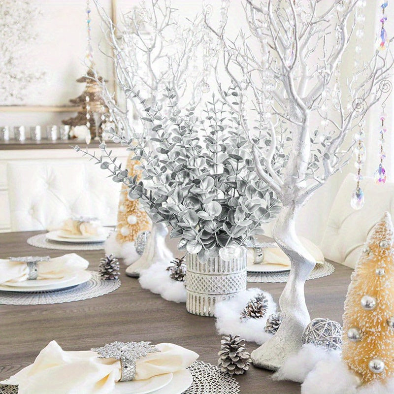 Eucalyptus Stems Artificial Eucalyptus Leaves Decor Eucalyptus Branches Fake Eucalyptus with Fake Leaves 15.35 inch Faux Eucalyptus Stem for Vase Wedding Bouquet Home (Silvery, Golden)