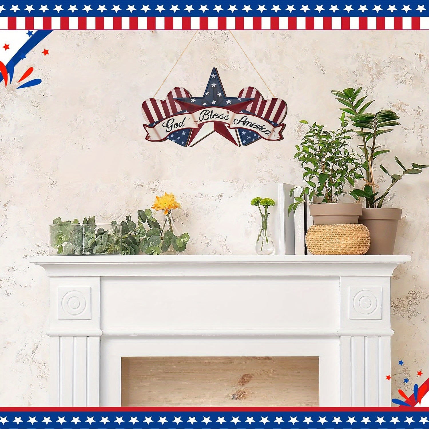 [Patriotic Wall Hangings] Patriotic 2D Flat Rustic Wooden 'God Bless America' Wall Hangings 11.81x6.49in | 4th of July Star and Heart Pendant with Rope, Farmhouse Style Holiday Decoration for Home Porch or Garden, Memorial Da