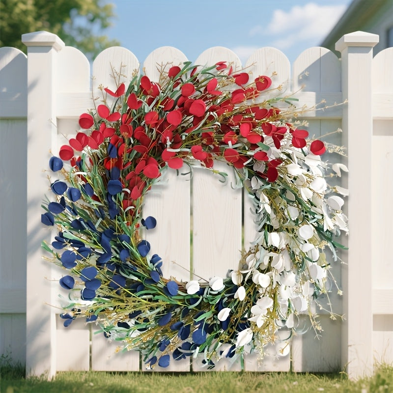 22-inch American Flag Wreath, Patriotic Decor Wreath, Red White And Blue Artificial Floral Stems Wreath. Perfect for 4th Of July Independence Day, Memorial Day, And Flag Day Decorations. This Handcrafted Memorial Day Home Dec
