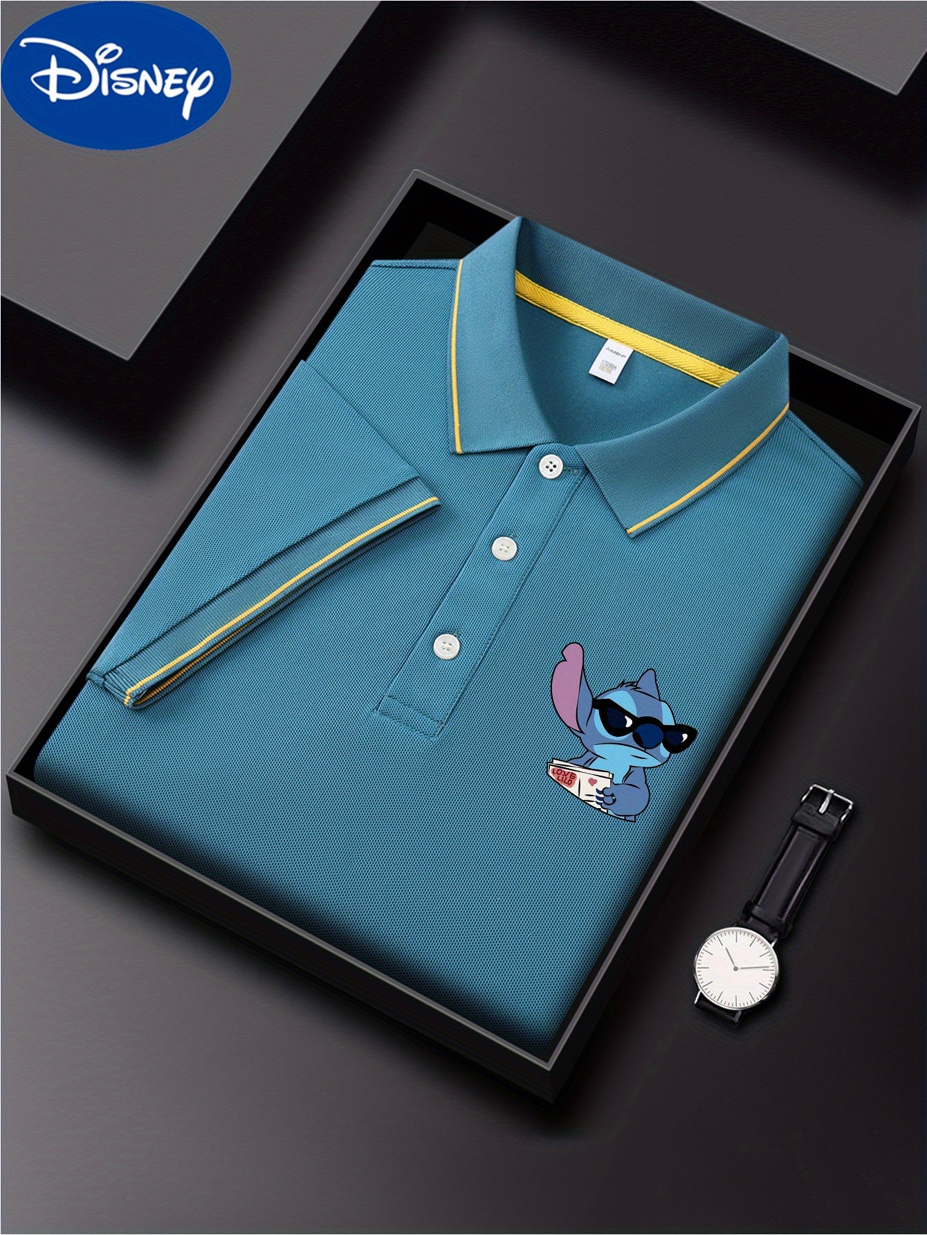Disney Stitch Cool Glasses Print Short Sleeve Polo Shirt, Premium Business Casual, Short Sleeve Color Blocked Collar Design, Lightweight Polyester, Quick Drying and Breathable Golf Shirt, Polo Shirt, Displayed in Gift Box, Fa