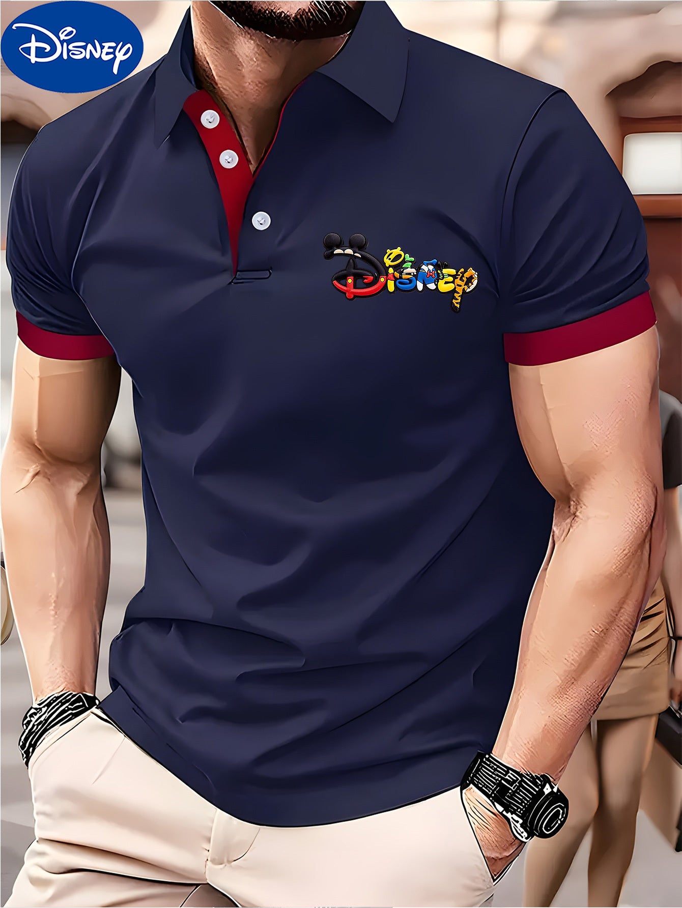 Disney Colorful Logo Mickey Elements Men's Short Sleeve Shirt, High-end Business Casual, Short Sleeve Color Collar Design, Lightweight Polyester, Quick Drying and Breathable Golf Shirt Shirt, Fashionable for Spring and Summer