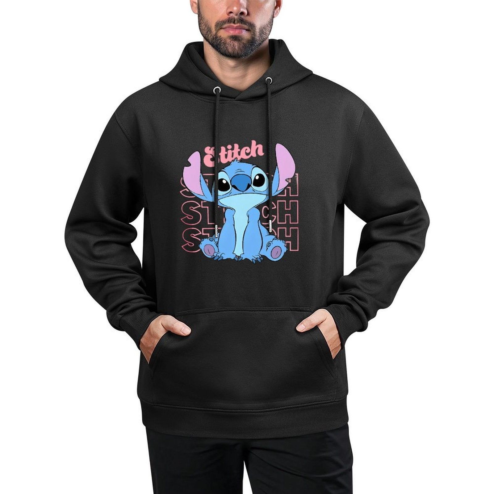 Disney Men'S Black Retro Pullover Hoodie with Stitch Cartoon Character Disney Friends Digital Print, Soft Regular Fit Casual Sweatshirt, Machine Washable, Disney Sweatshirt