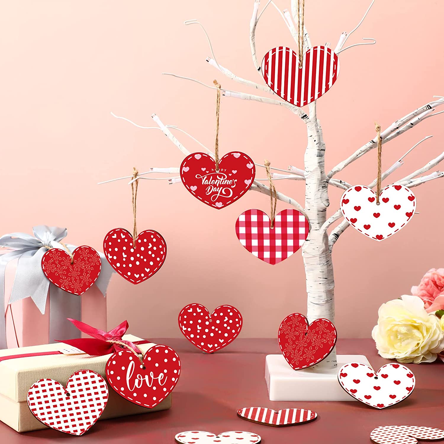 [Valentine's Day Wooden Decor] Wooden Heart Ornaments - Assorted Styles Valentine's Day Decor for Living Room, Bedroom & Stairs