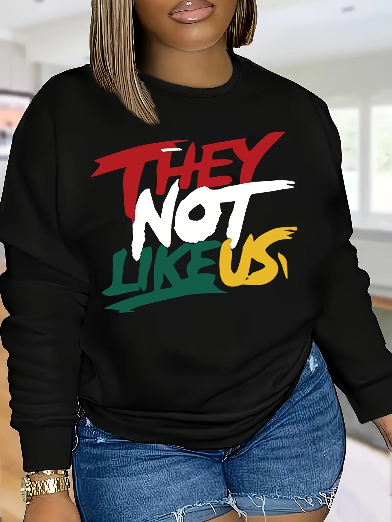[Graphic Sweatshirt] Black Long Sleeve Women's Graphic Sweatshirt - THEY NOT LIKE US - Bold Colorful Letter Print, Casual Fall/Winter Polyester Knit Top